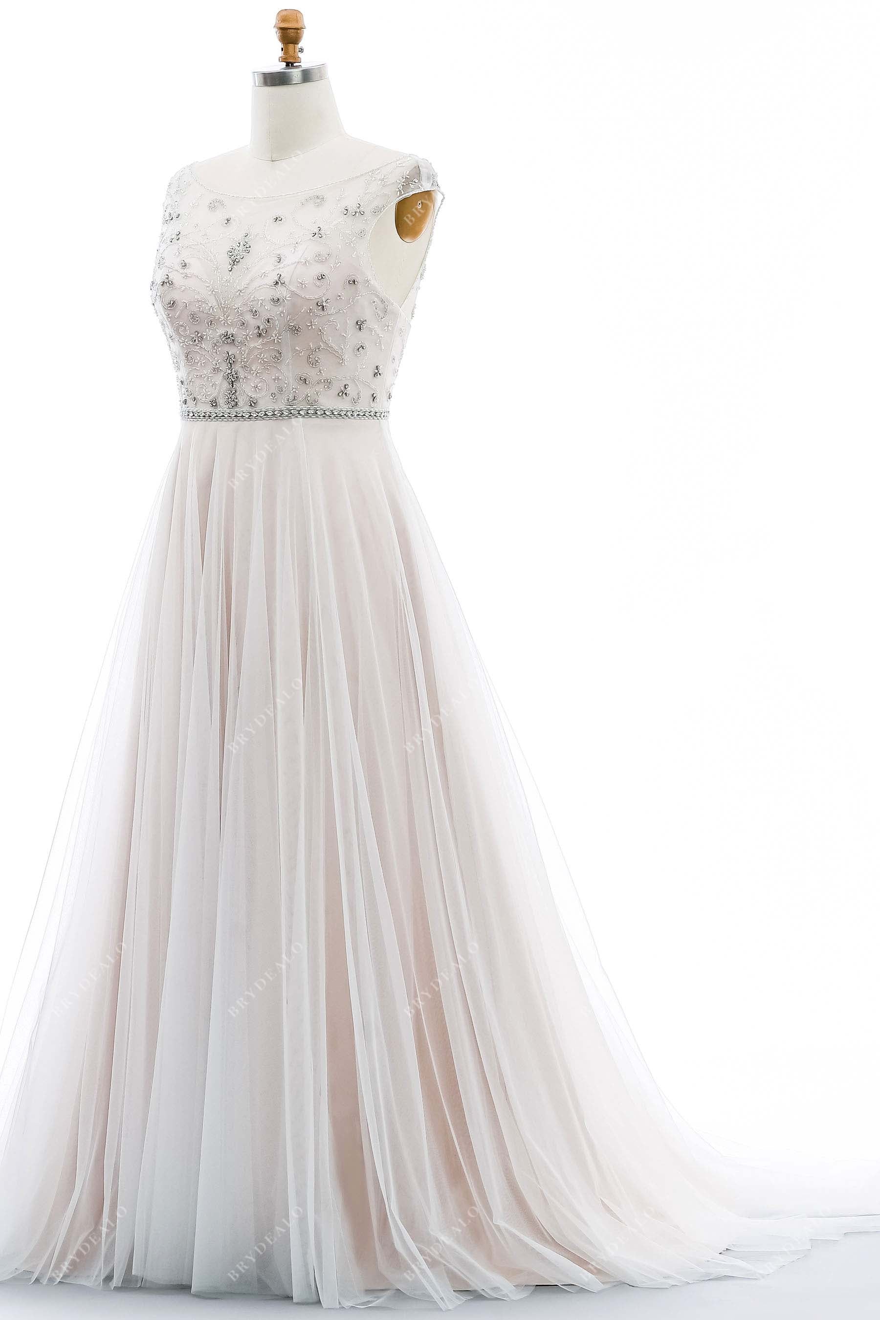 A-line crystals illusion neck wedding dress