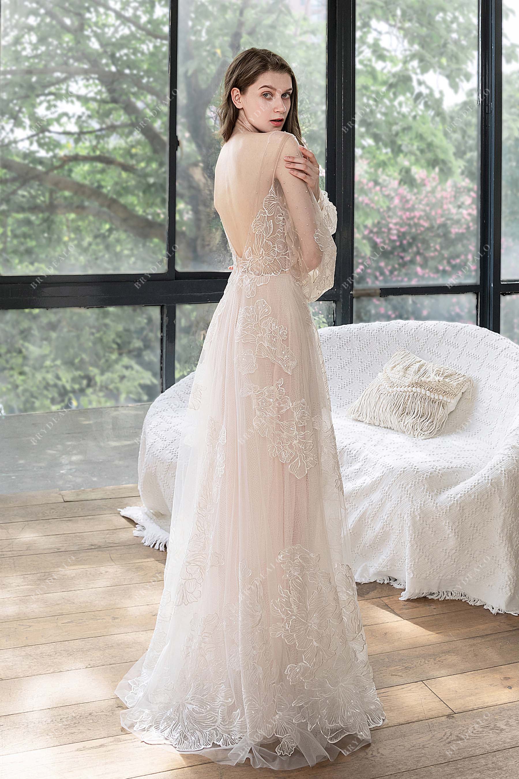 Sample Sale | Beaded Plunging Bishop Sleeve Beach Bridal Dress - US 4/UK 6/EU 34 / Nude Pink Sample Sale | Beaded Plunging Bishop Sleeve Beach Bridal Dress - US 4/UK 6/EU 34 / Nude Pink