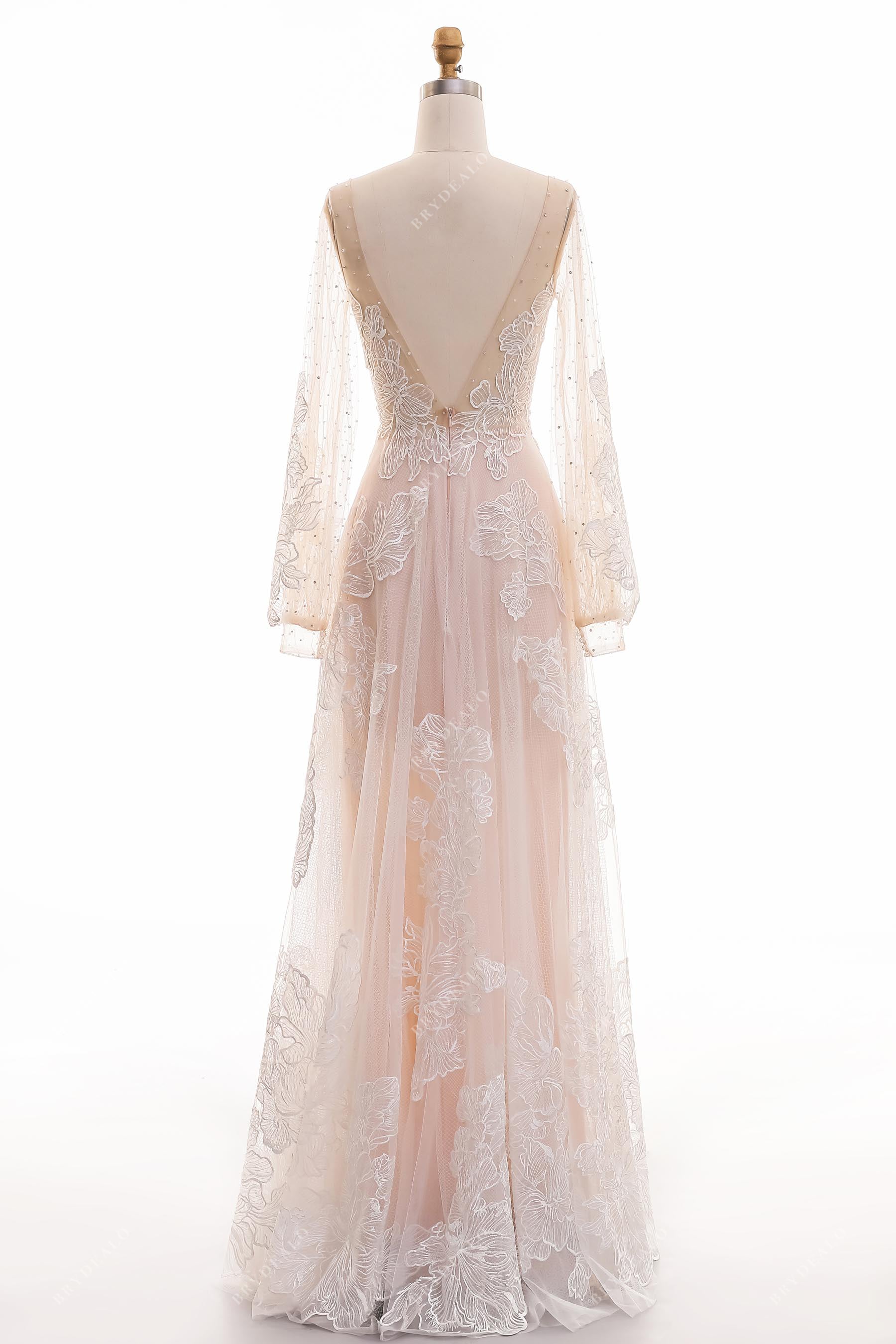 A-line lace V-back sleeved bridal dress