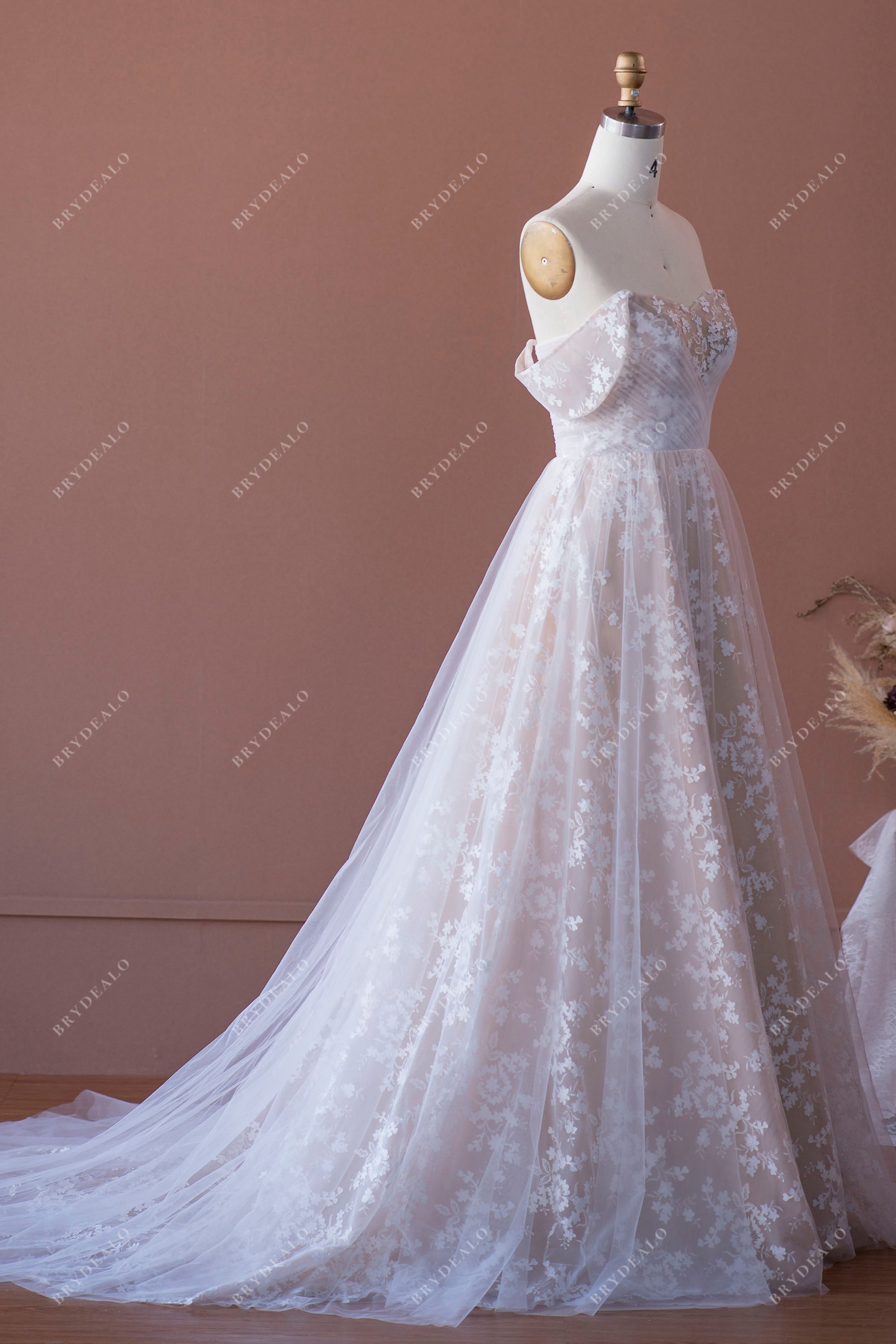 A-line off-shoulder lace tulle bridal dress