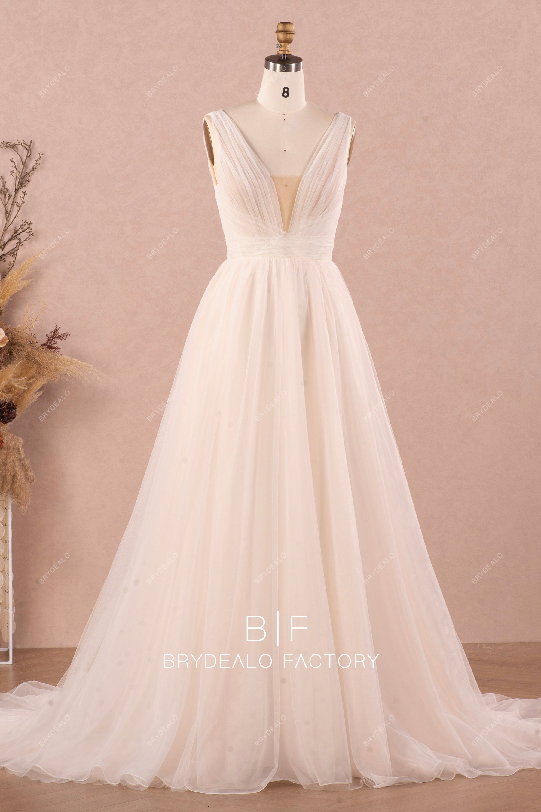 A-line pleated tulle wedding dress