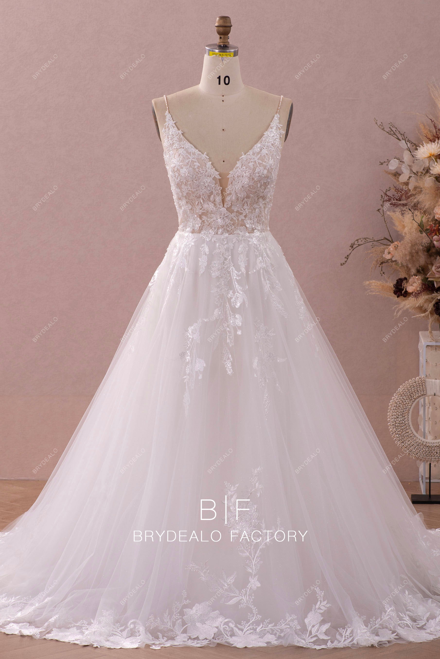 A-line shimmery plunging lace wedding dress