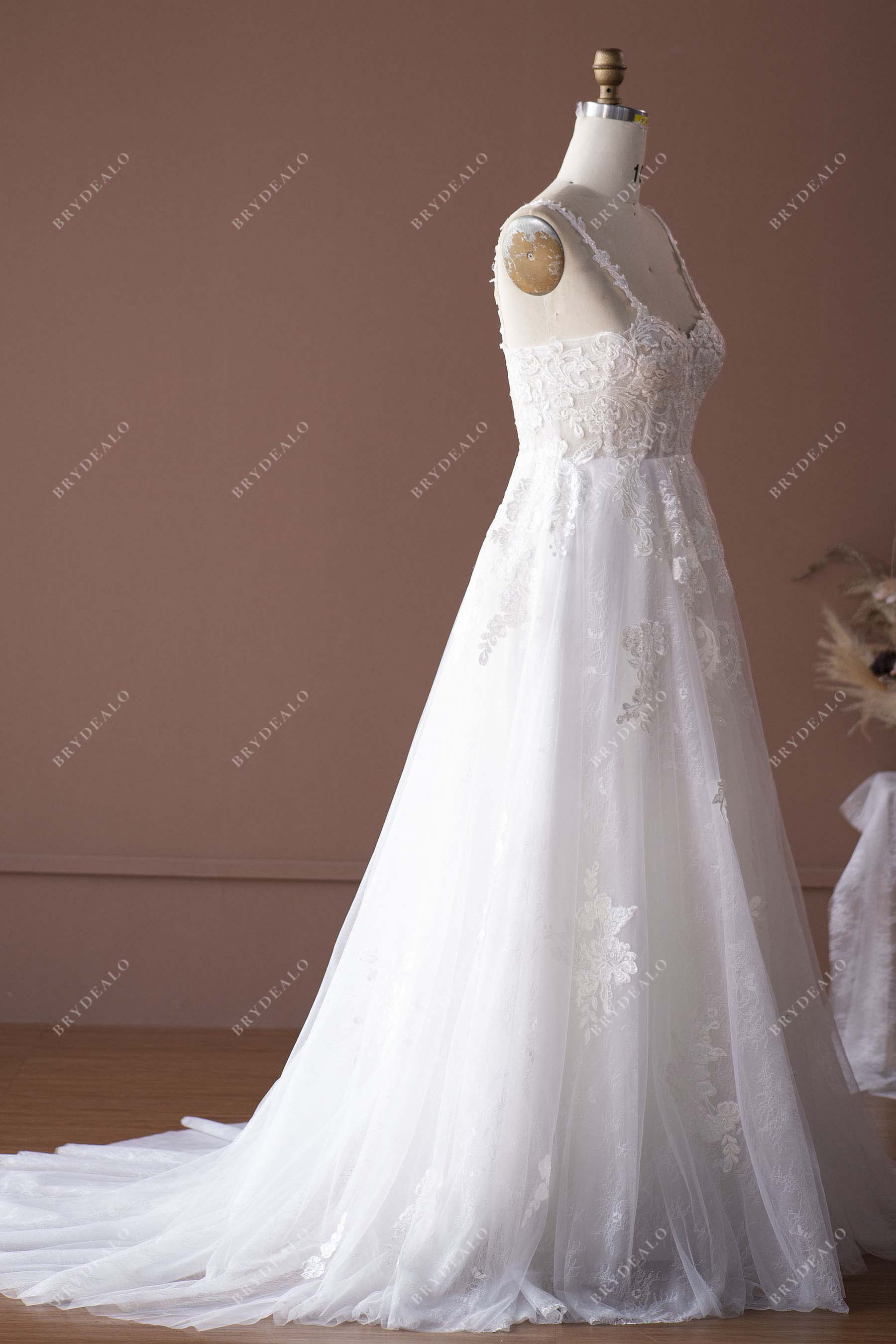 A-line tulle lace spaghetti straps wedding gown