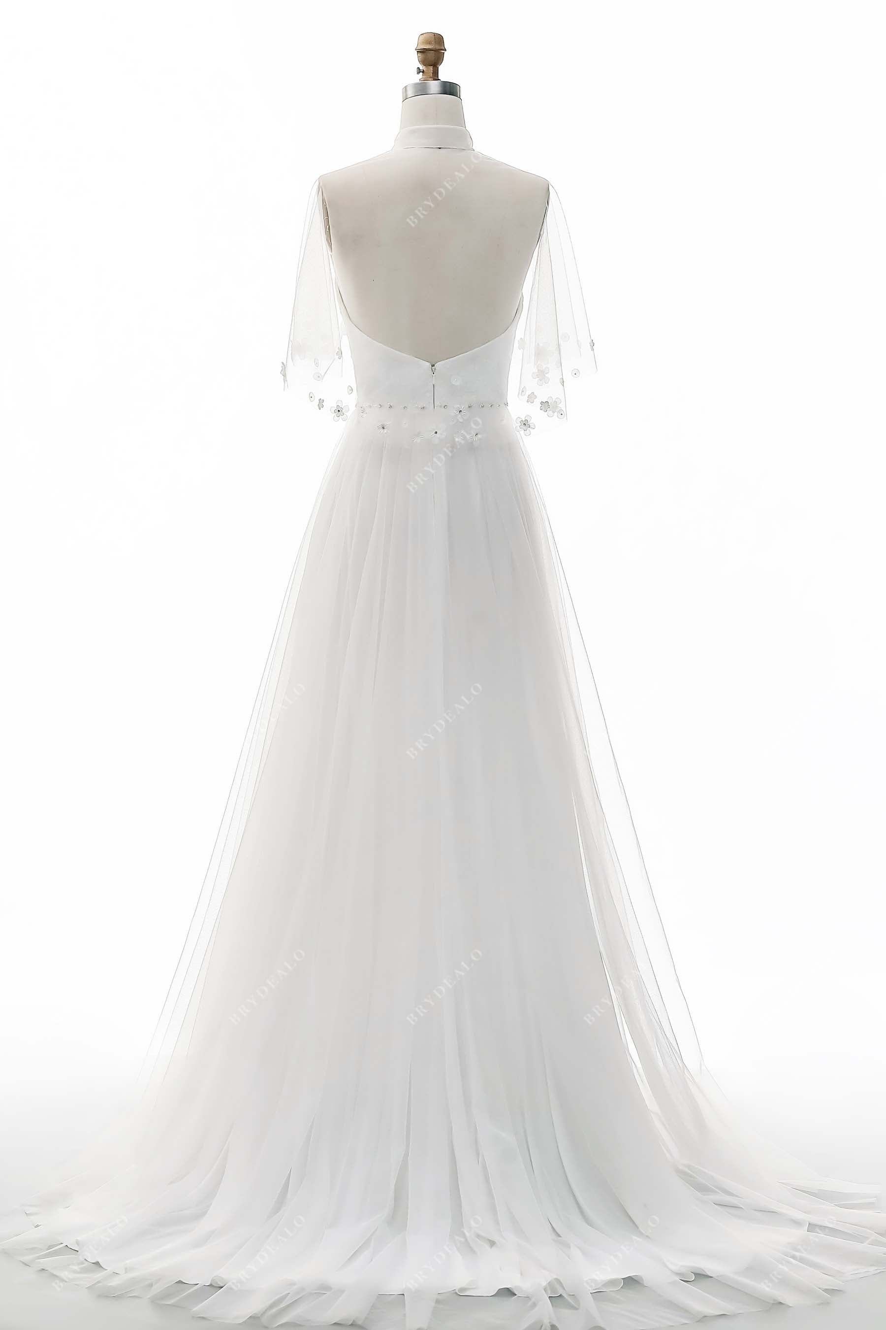 A-line tulle short train high-neck bridal dress