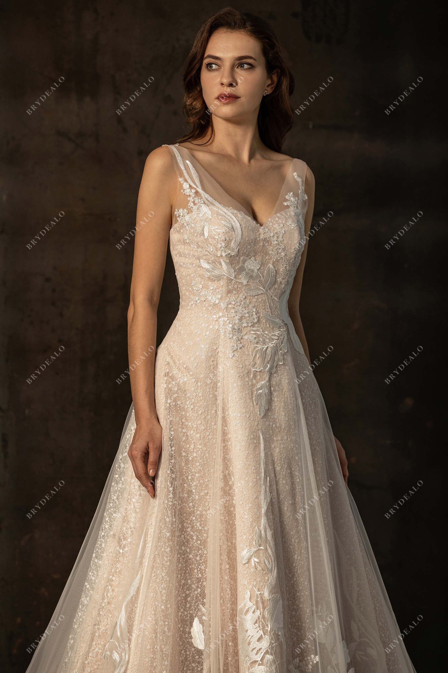 appliqued sheer strap lace sequin wedding dress