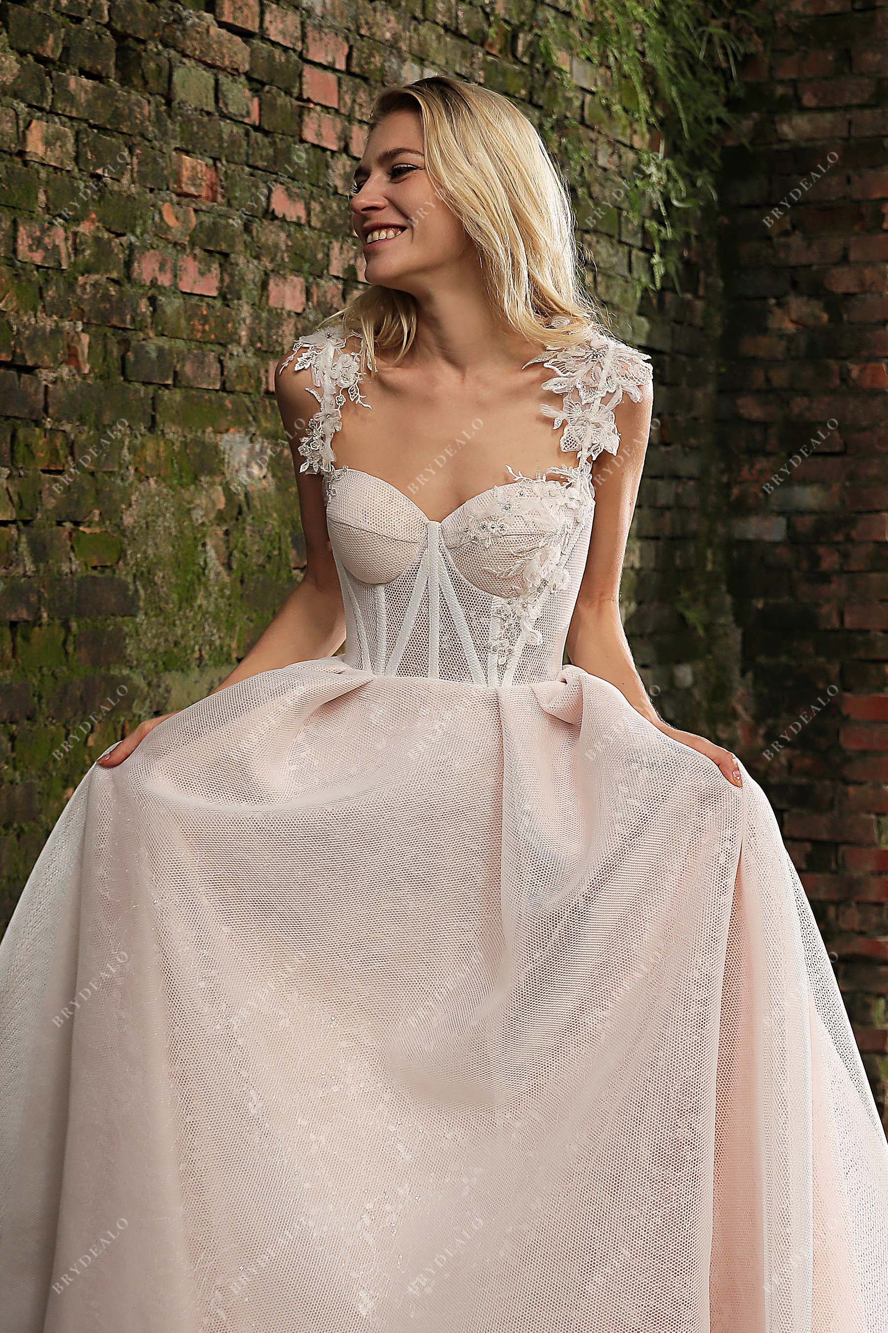 Appliqued Straps Sweetheart Neck Pinkish Corset Bridal Gown