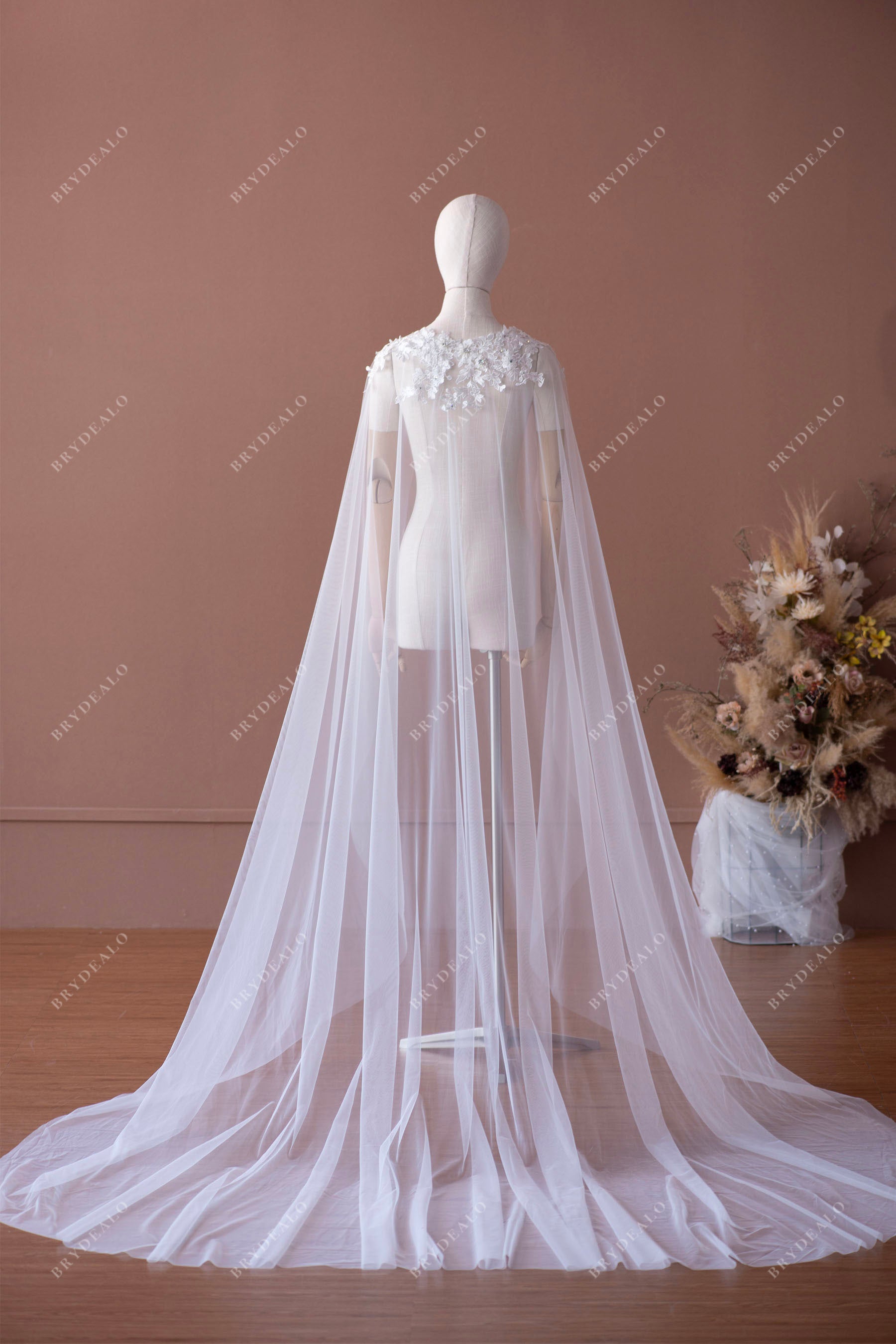 beaded flower lace cathedral bridal cape