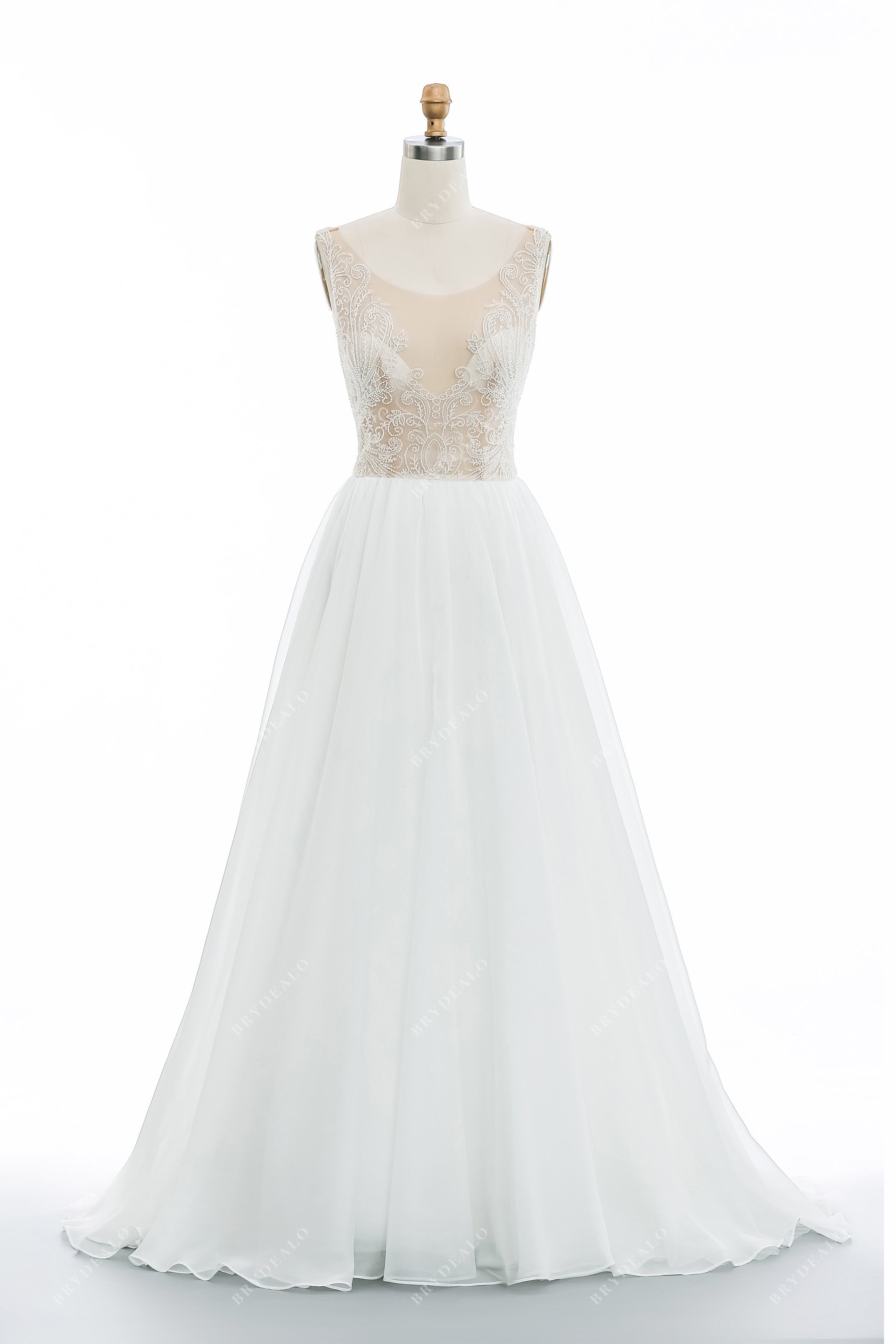 beaded illusion neck puffy A-line wedding dress