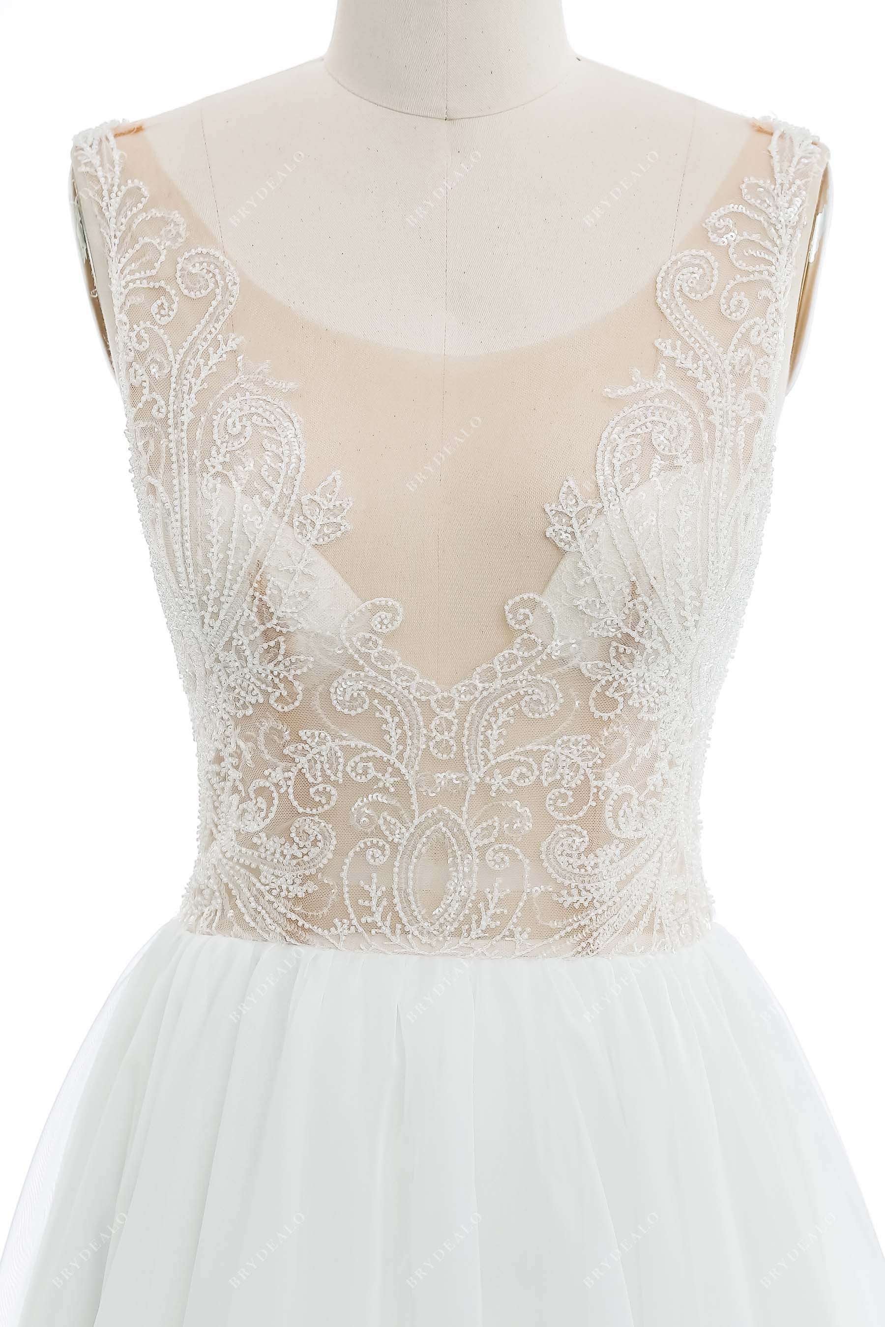 beaded lace illusion neck sleeveless wedding dress