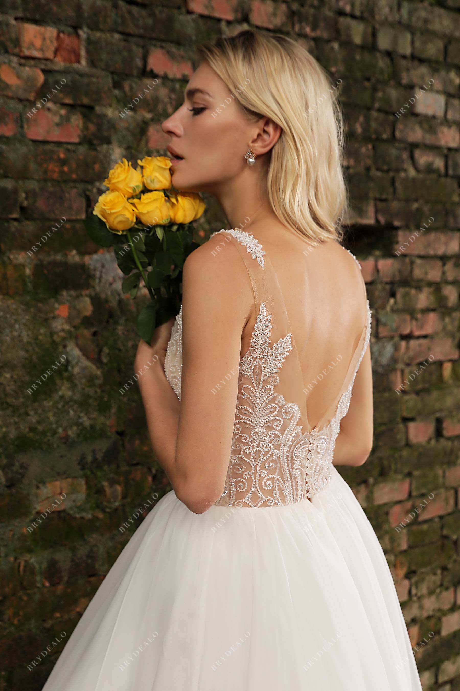 beaded lace illusion V-back wedding dress
