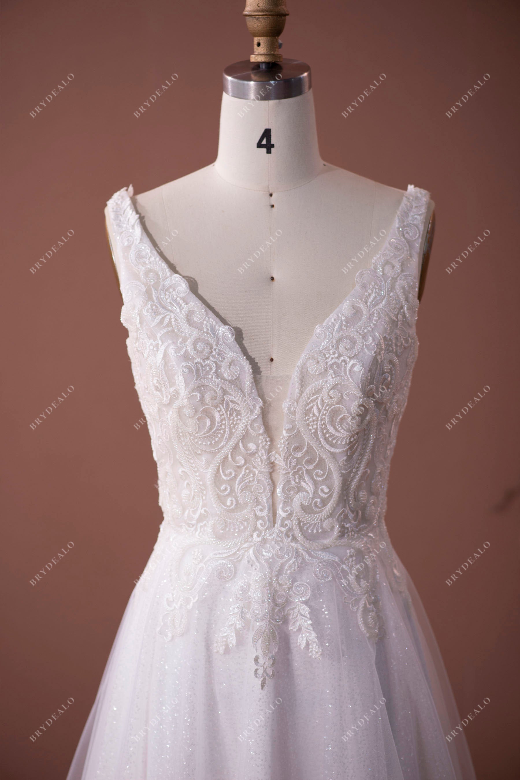 Straps Lace Plunging Shimmery Sequined Wedding Dress Sample Sale