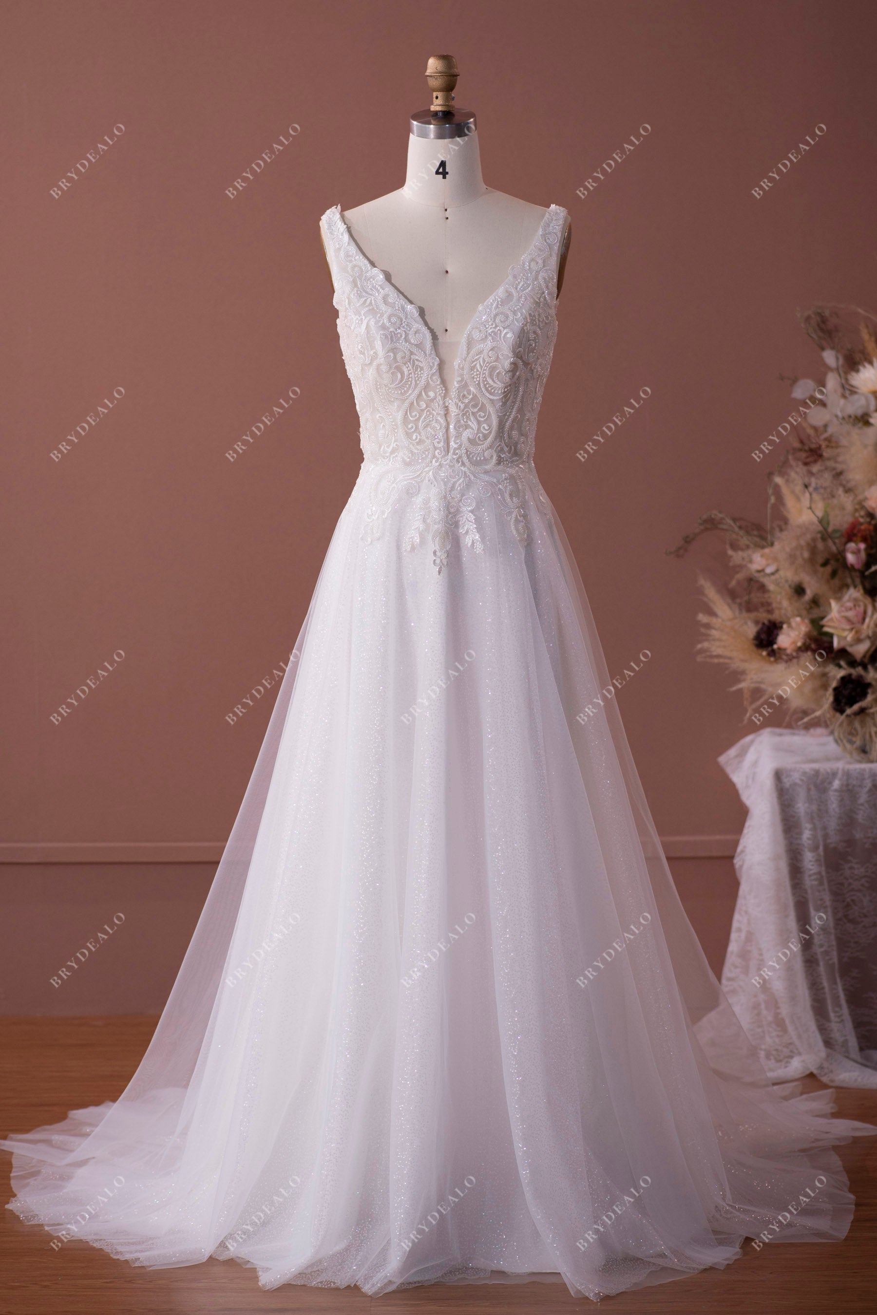 Beaded Lace Plunging Shimmery Sequined A-line Sample Wedding Dress