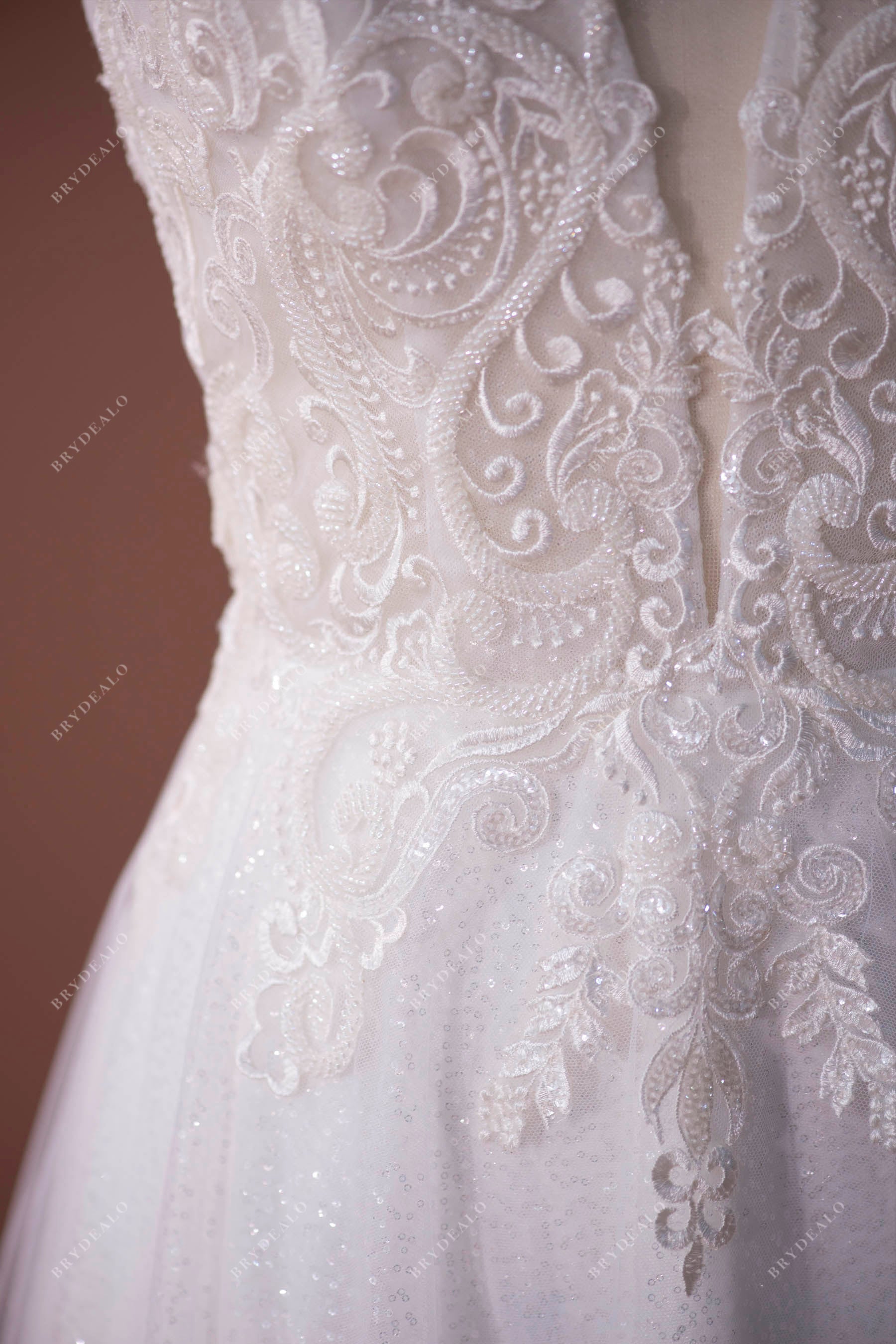 Beaded Lace Plunging Shimmery Sequined A-line Wedding Gown
