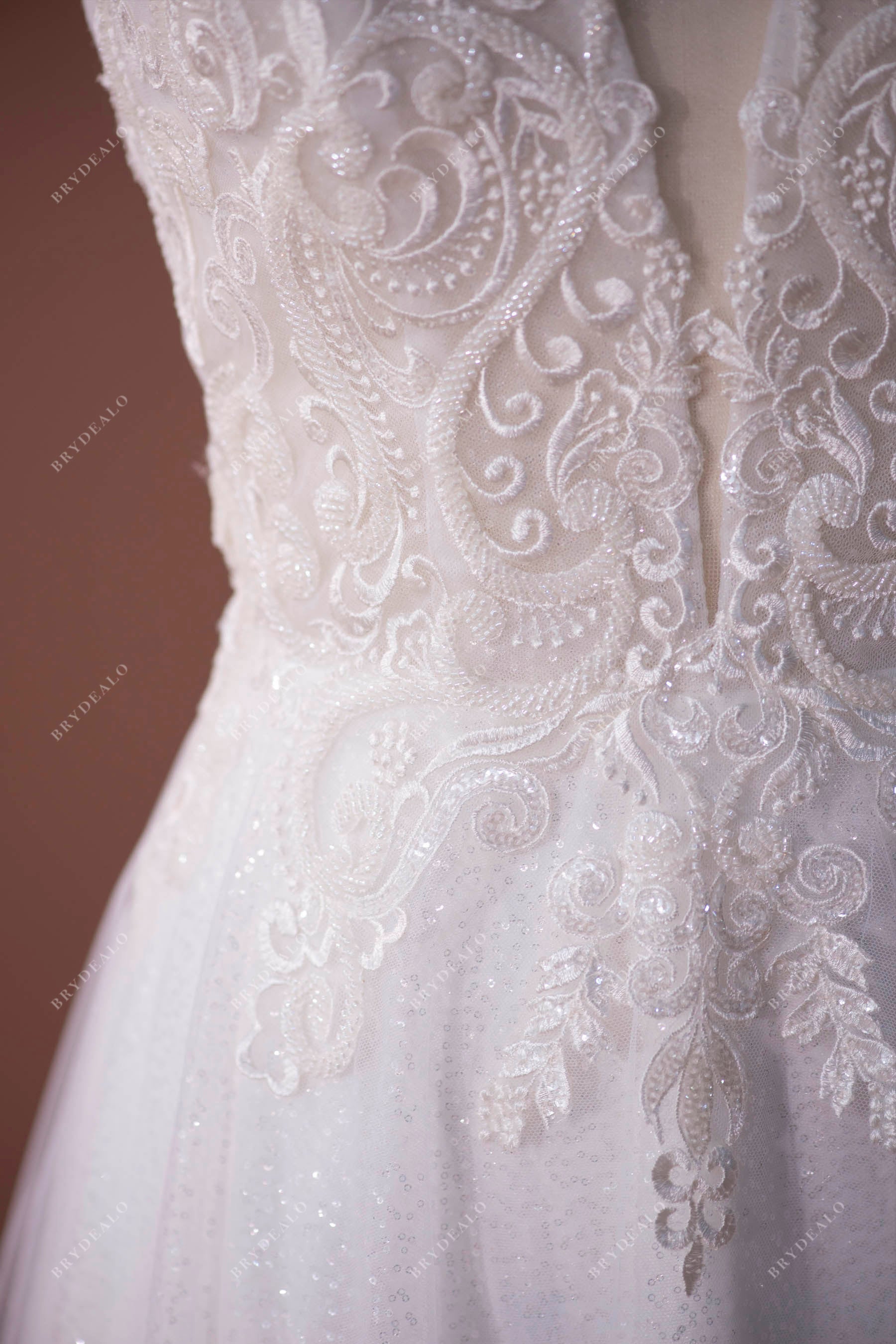 Wholesale Beaded Lace Plunging Shimmery Sequined Wedding Gown