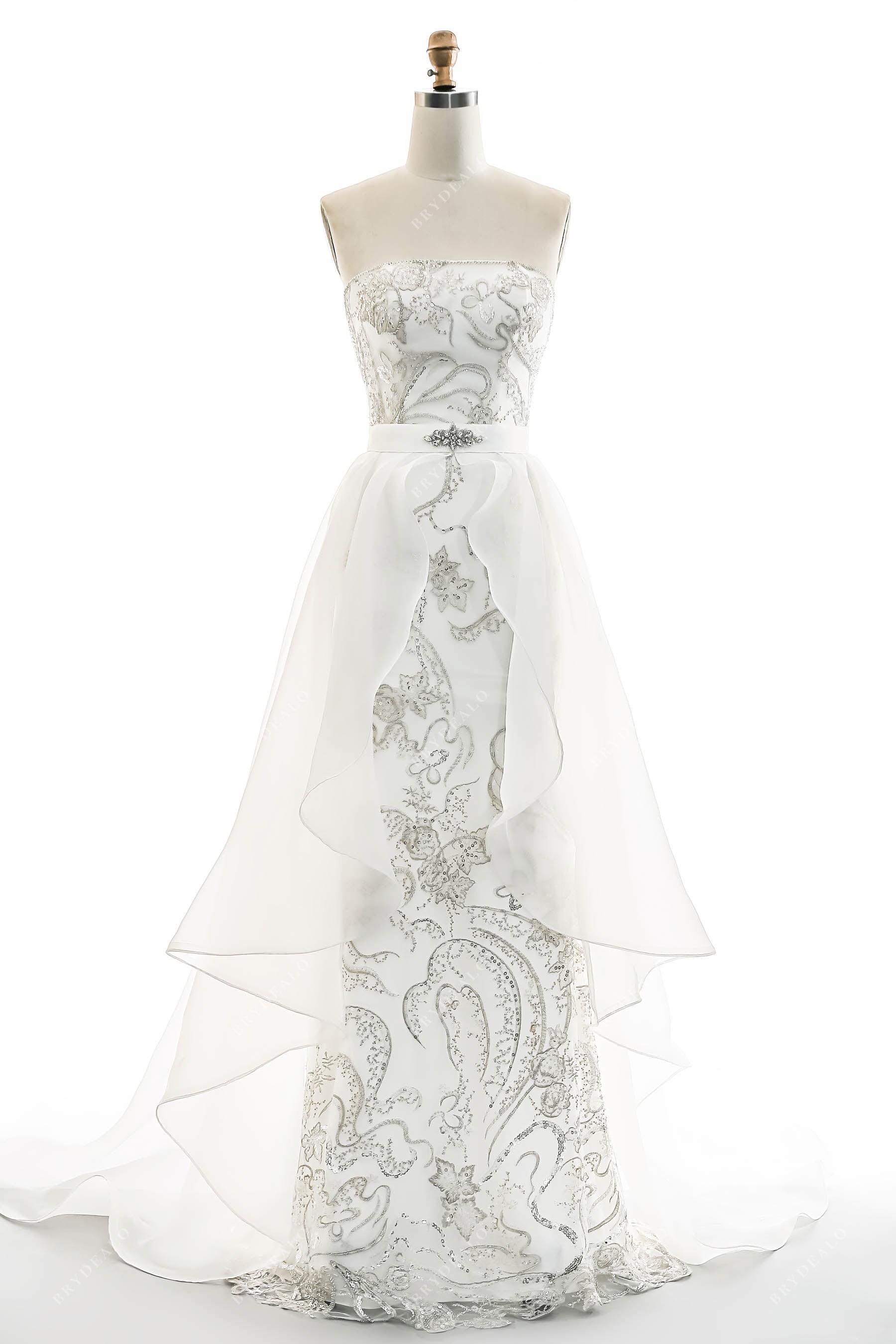beaded lace sheath wedding dress with detachable overskirt