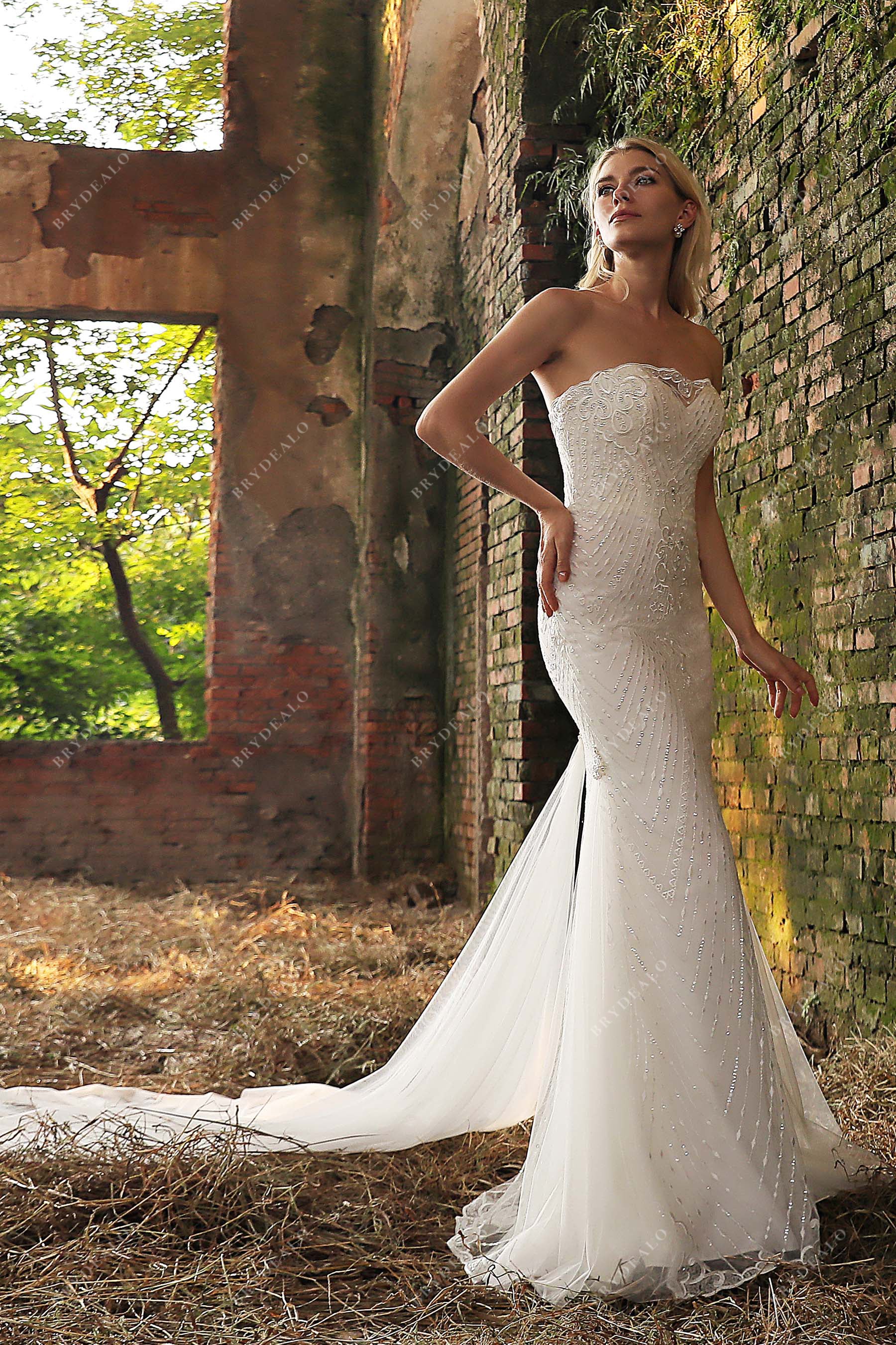 Beaded Lace Strapless Tulle Godet Wedding Dress