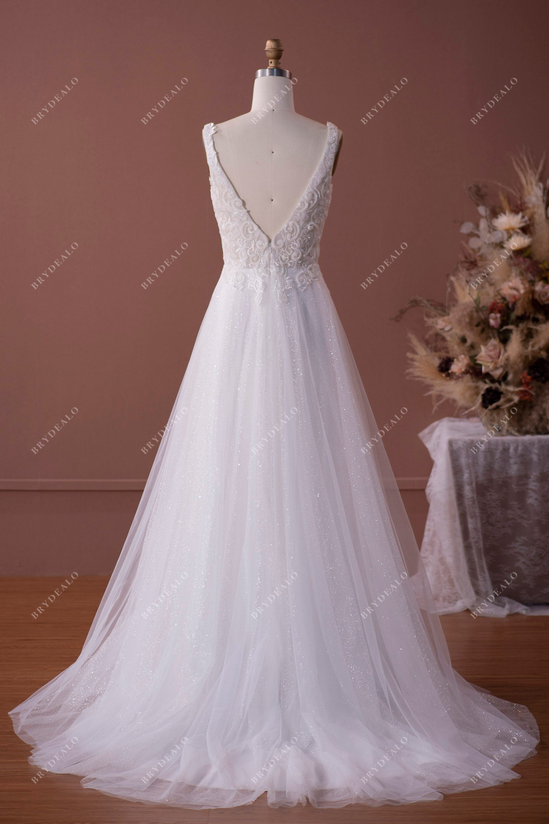 Beaded Lace V-back Shimmery Sequined A-line Wedding Dress