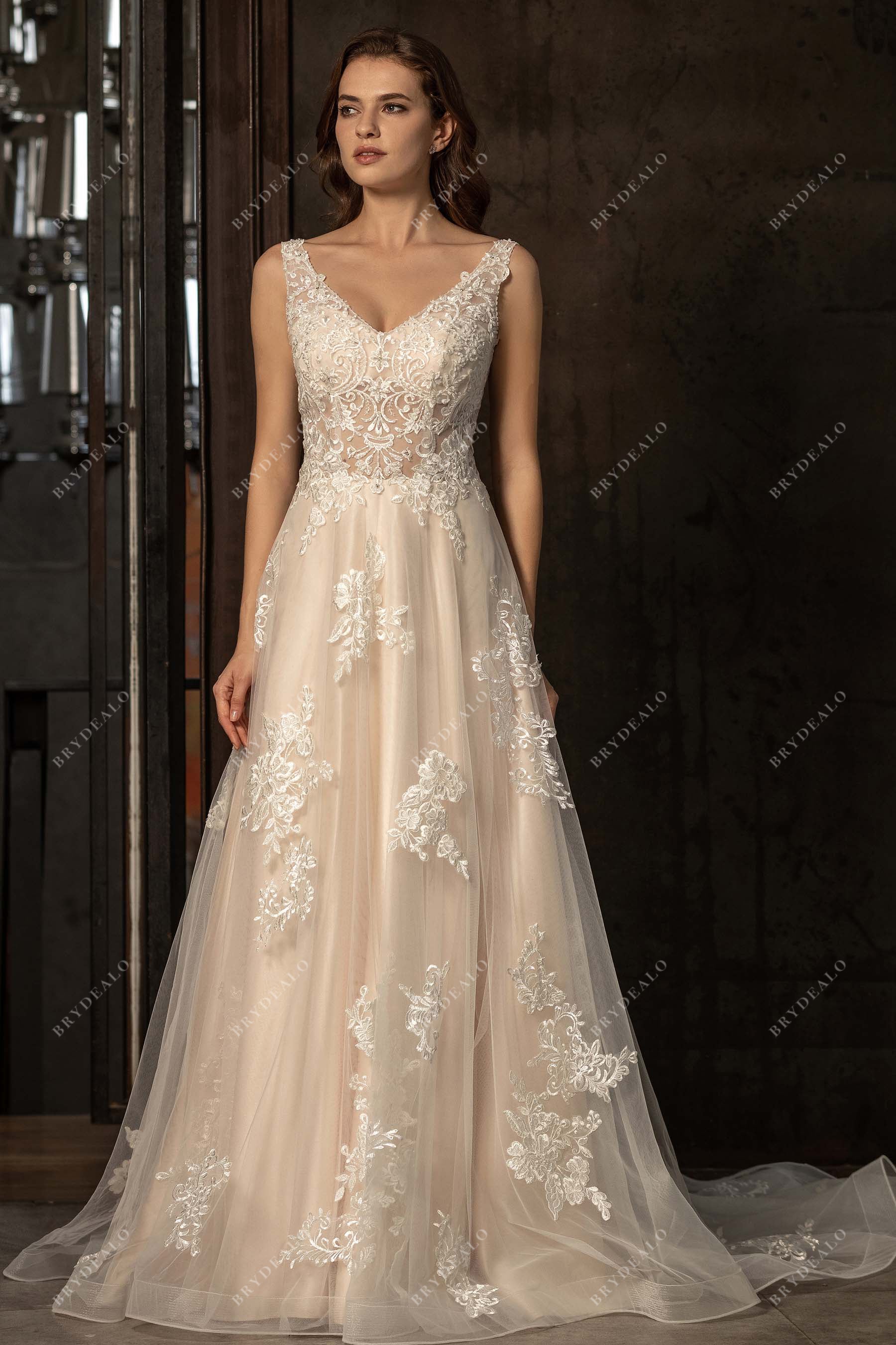 beaded straps V-neck romantic lace A-line long wedding dress