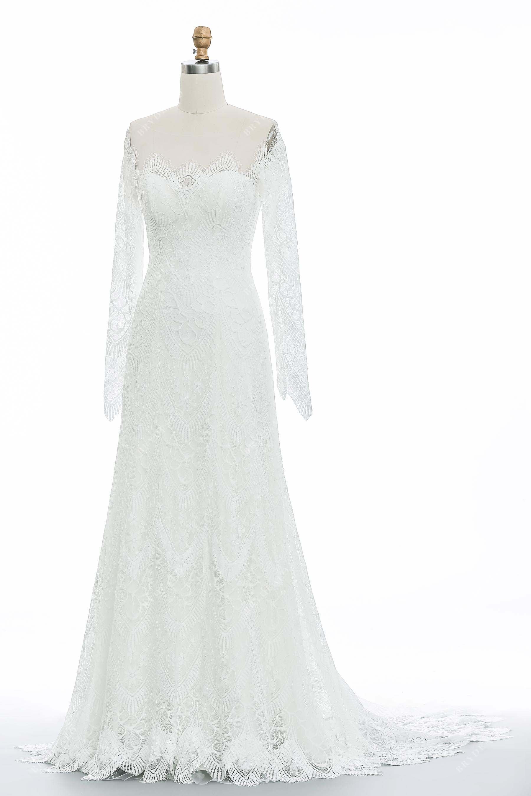 Beautiful Long Sleeve Illusion Neck Scallop Lace Fit-and-Flare Bridal Gown