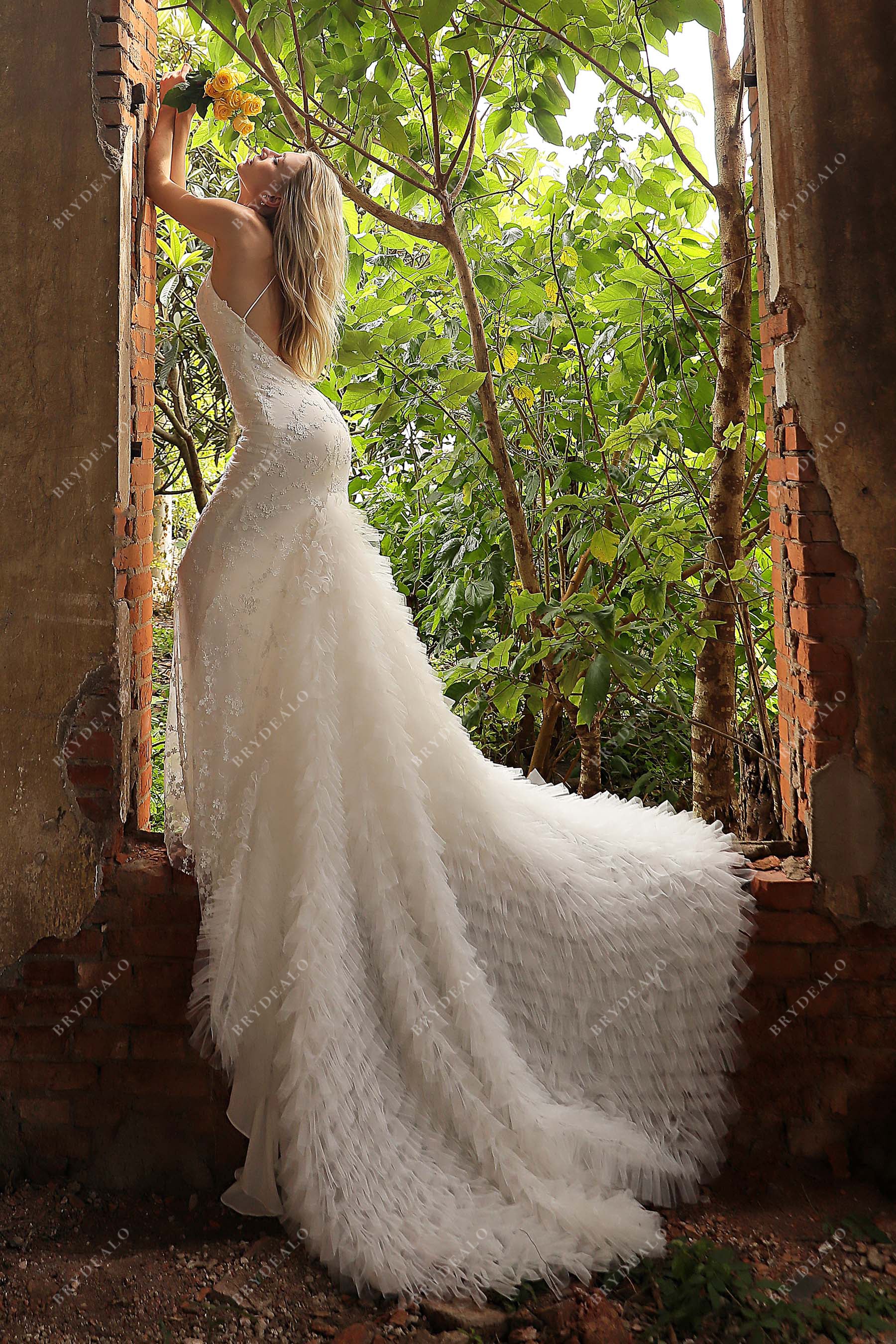 beautiful ruffled tulle mermaid open back lace wedding dress