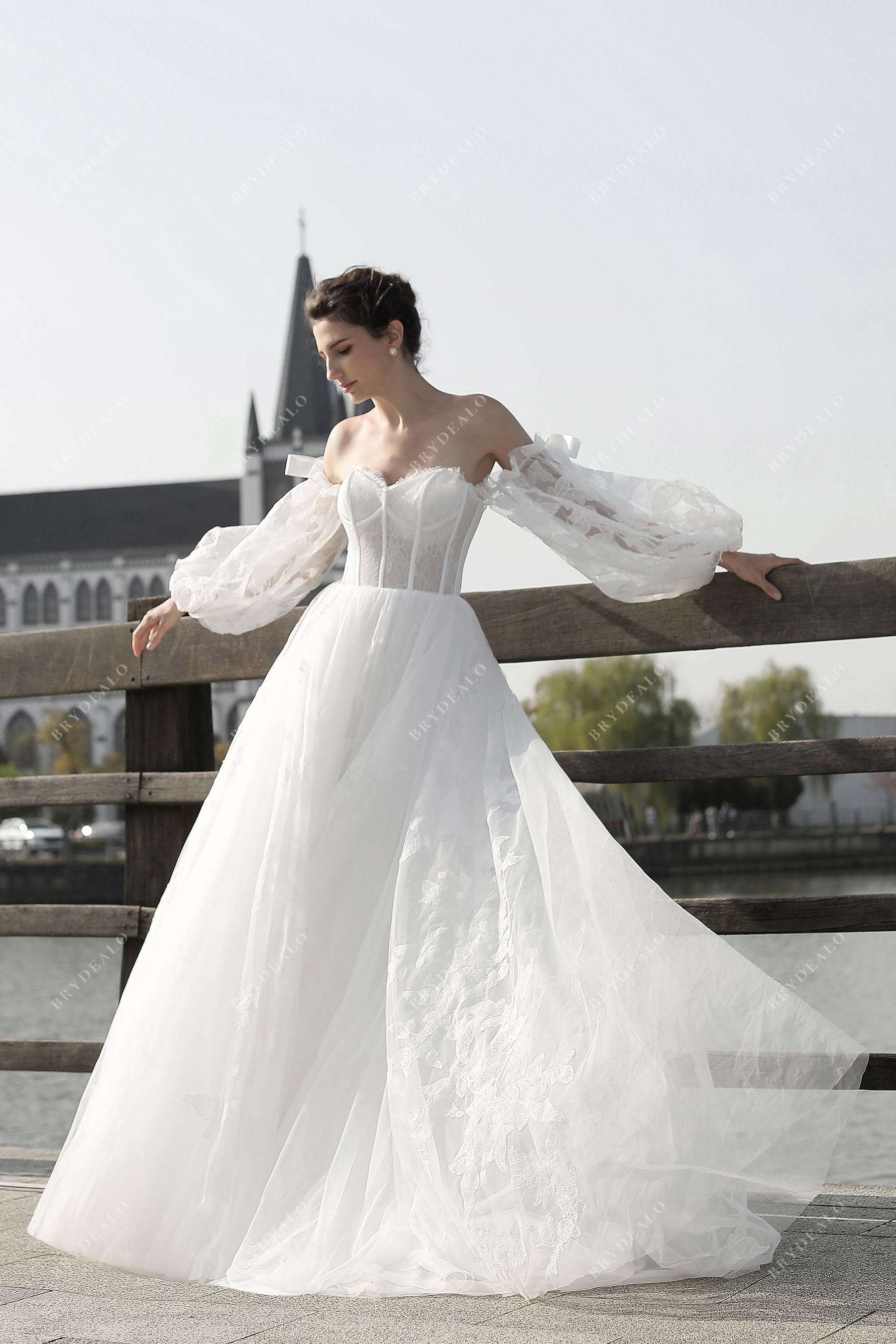 Bell Sleeve Lace Ballgown Wedding Dress