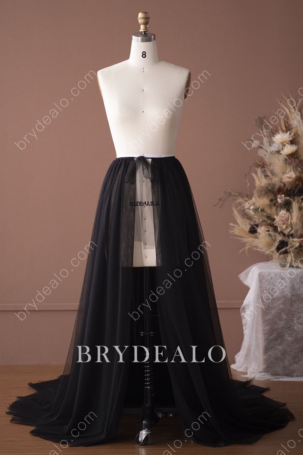black airy tulle wedding dress overskirt
