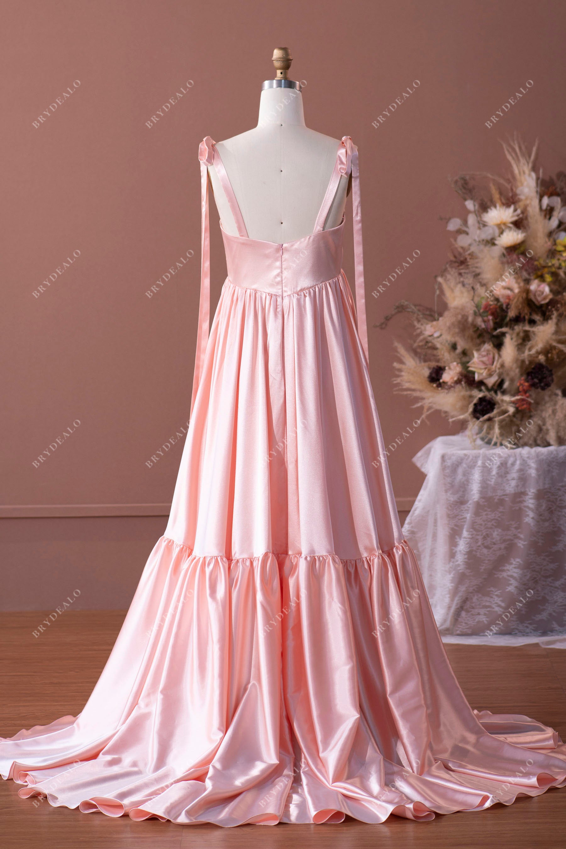 blush pink straps long satin bridesmaid dress