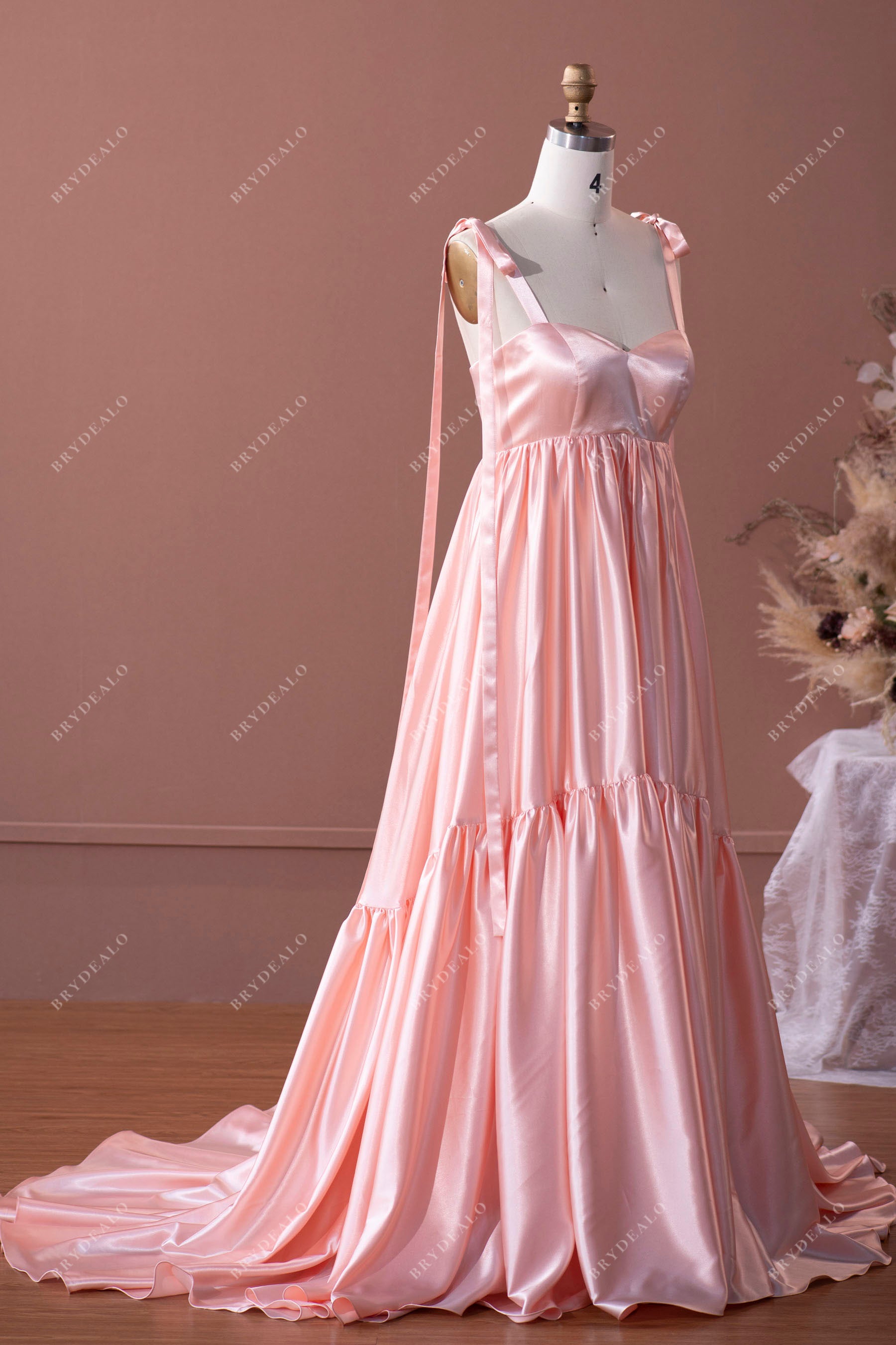 blushing pink straps long silky satin formal gown