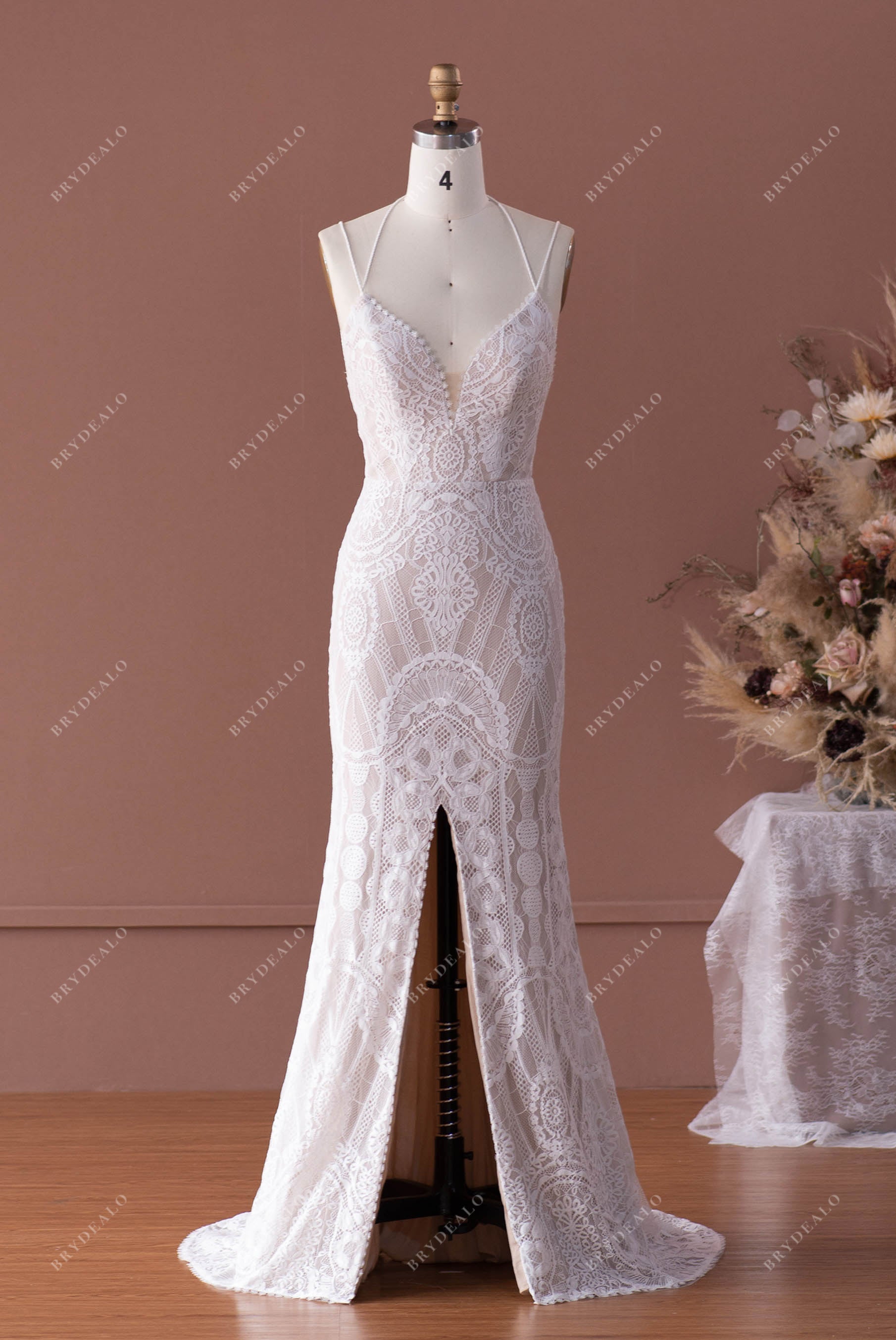Boho Lace Thin Straps Tassel Slit Fit & Flare Wedding Dress Sample Sale 