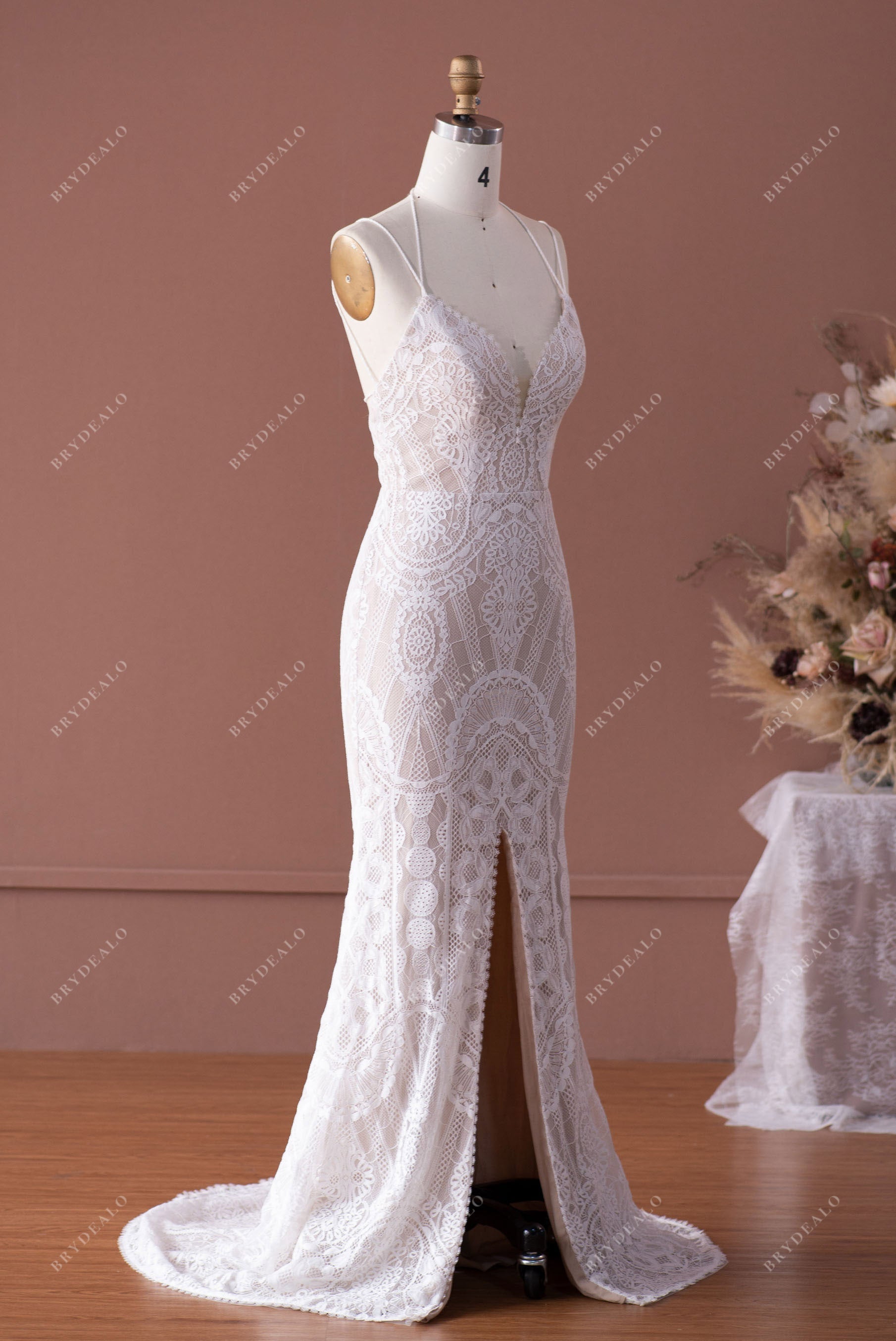 Designer Boho Lace Side Slit Fit & Flare Wedding Gown
