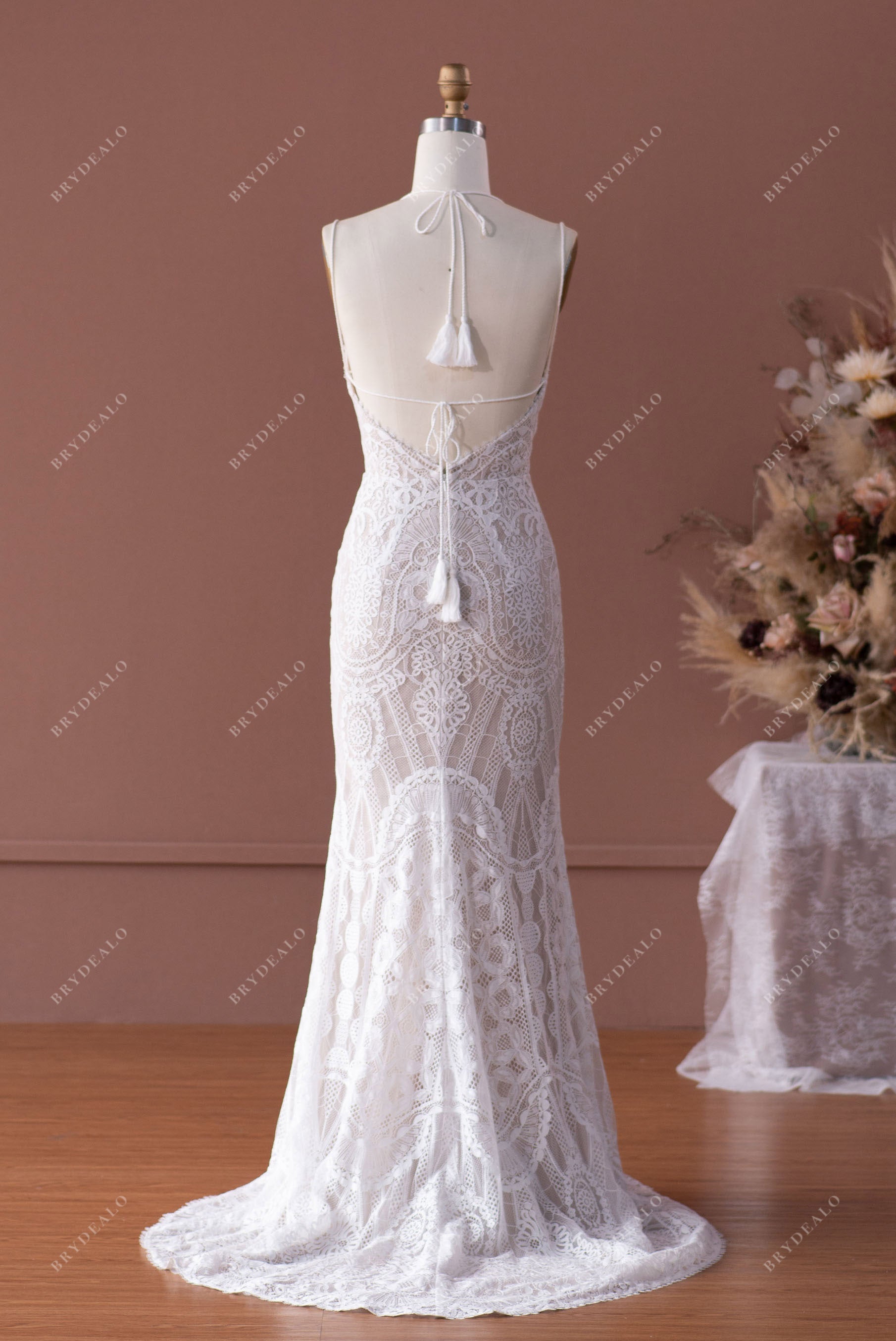 Boho Lace Tassel Low Back Fit & Flare Sample Wedding Dress with Slit