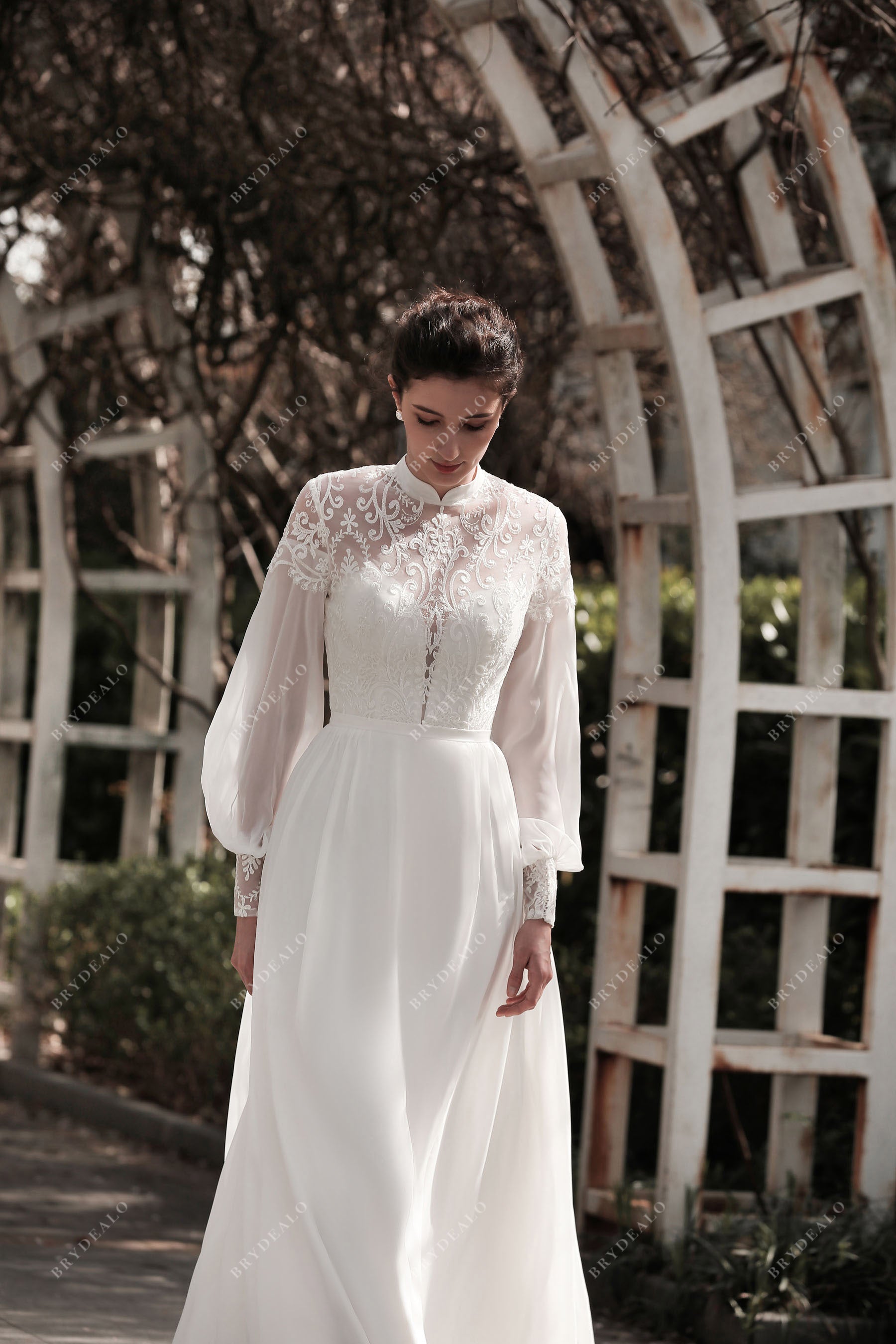 high neck lace sheer sleeves wedding gown