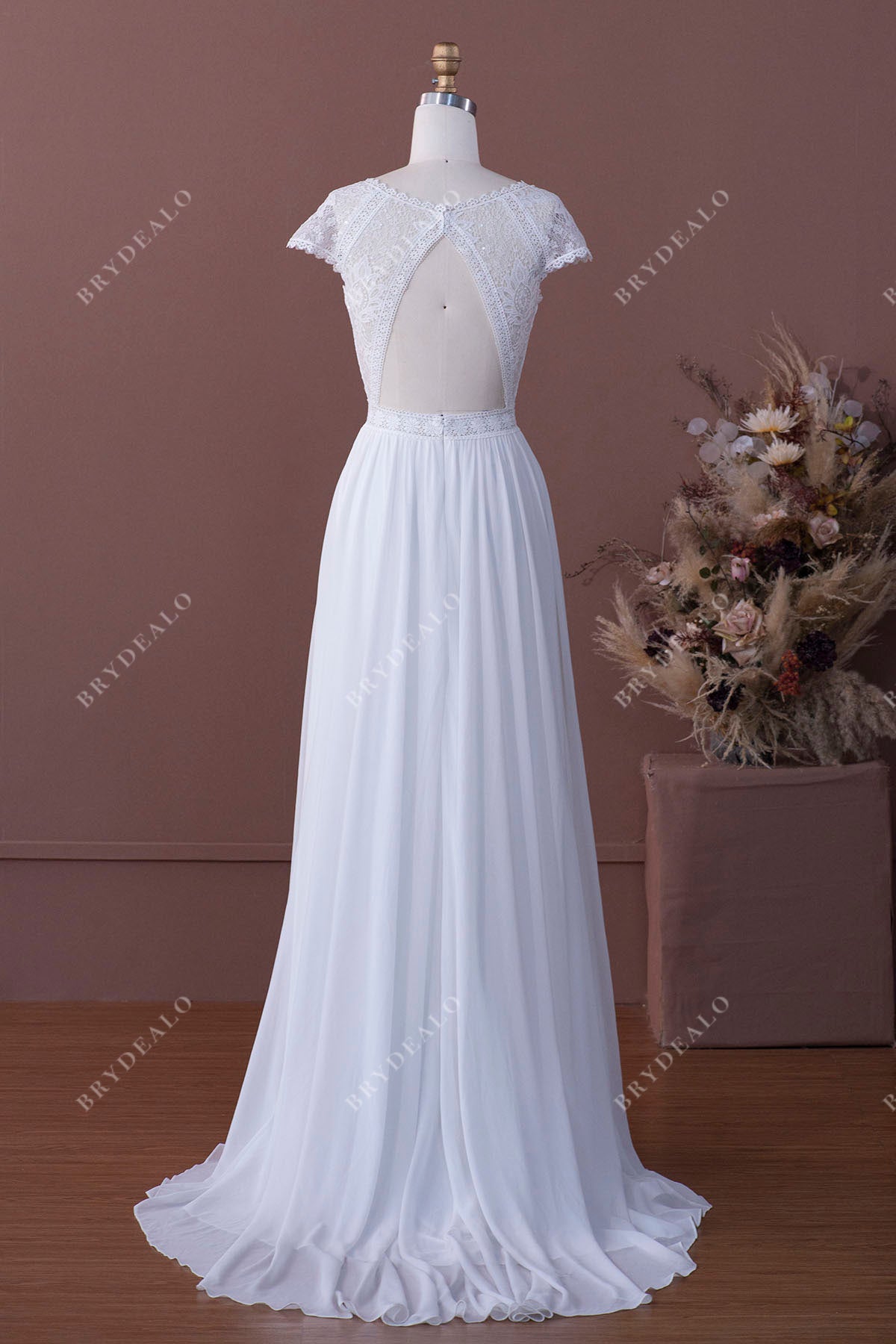 lace keyhole back chiffon A-line bridal gown