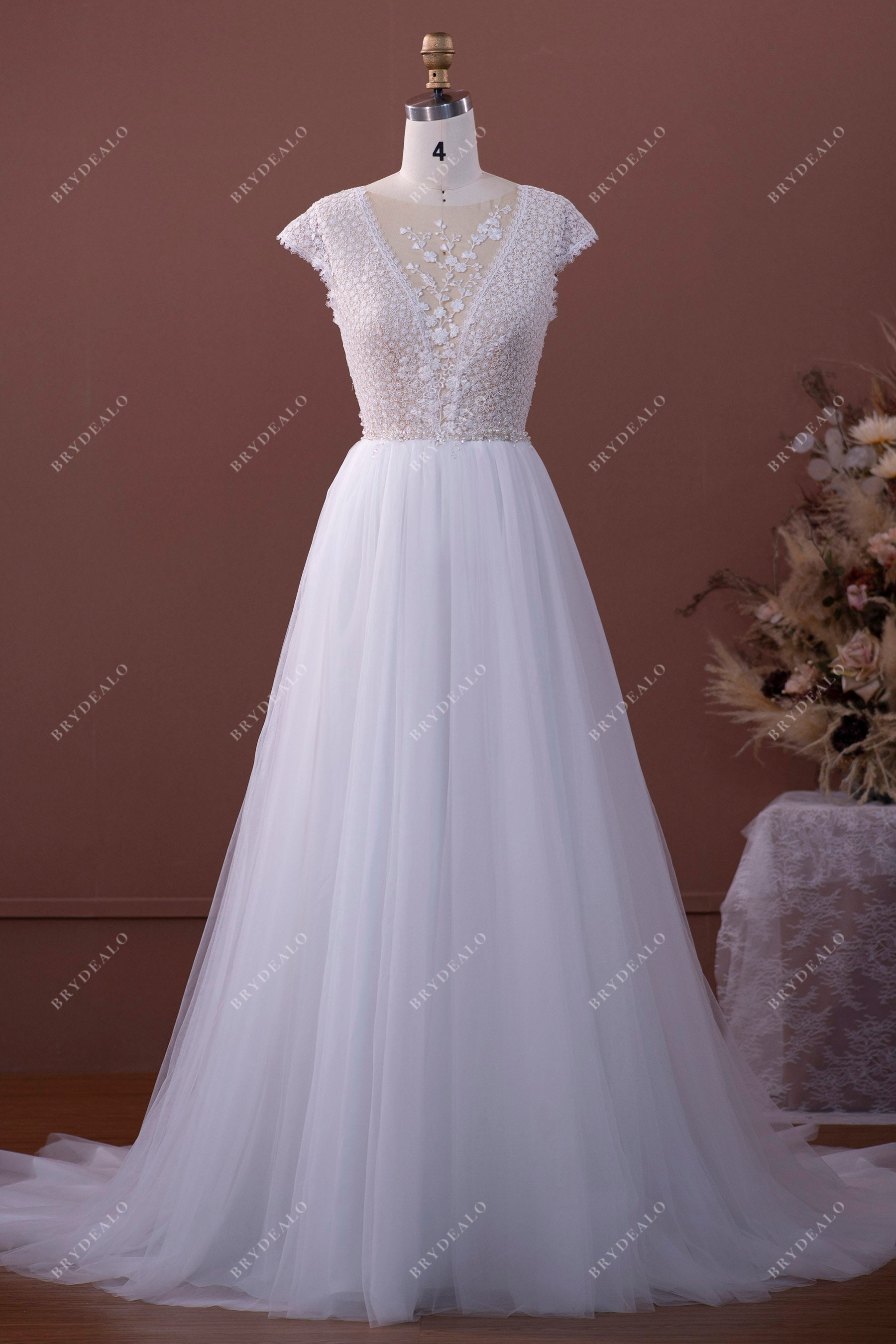 Sample Sale | Cap Sleeve Illusion Floral Lace Tulle Bridal Gown