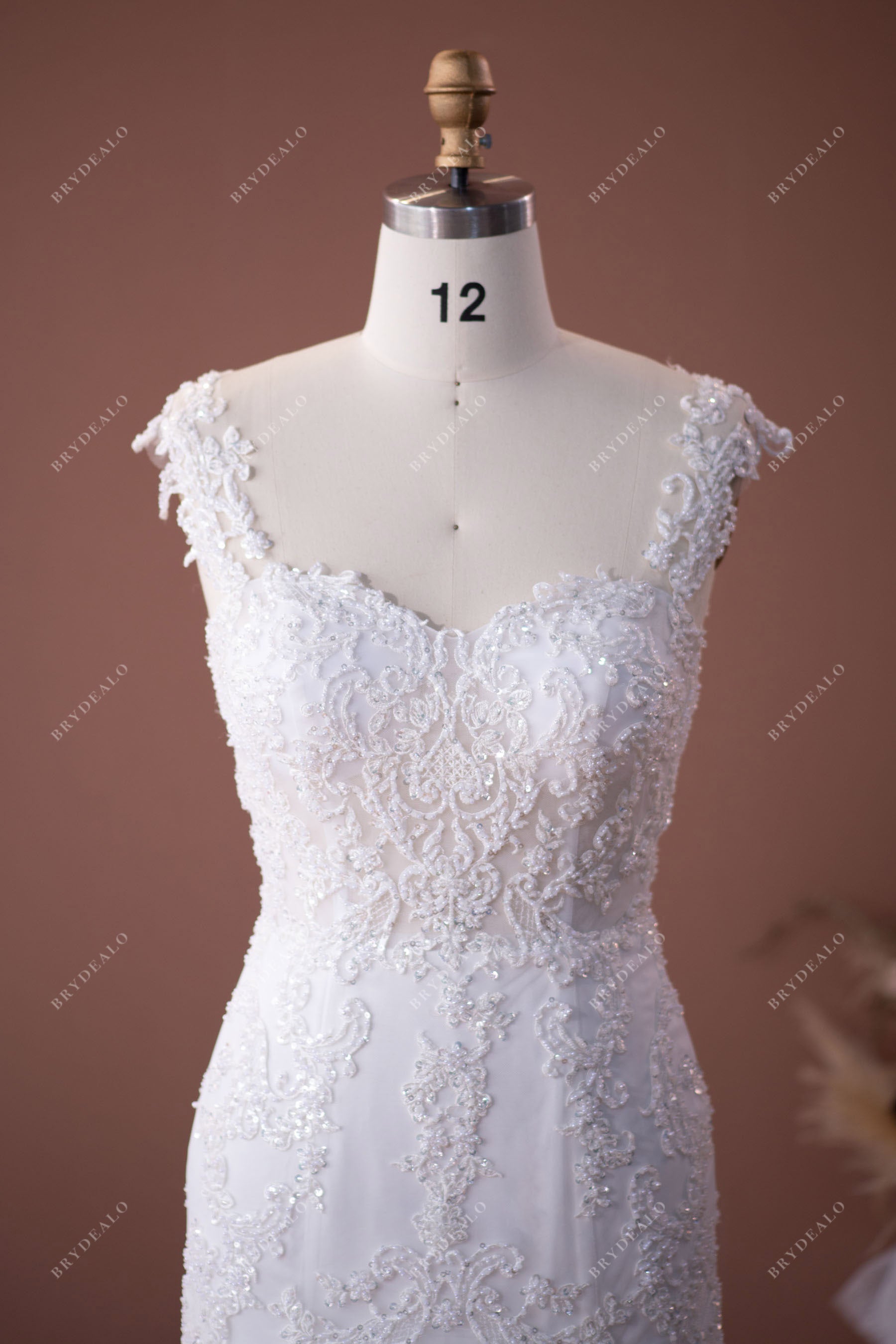queen anne neck lace illusion bodice bridal gown