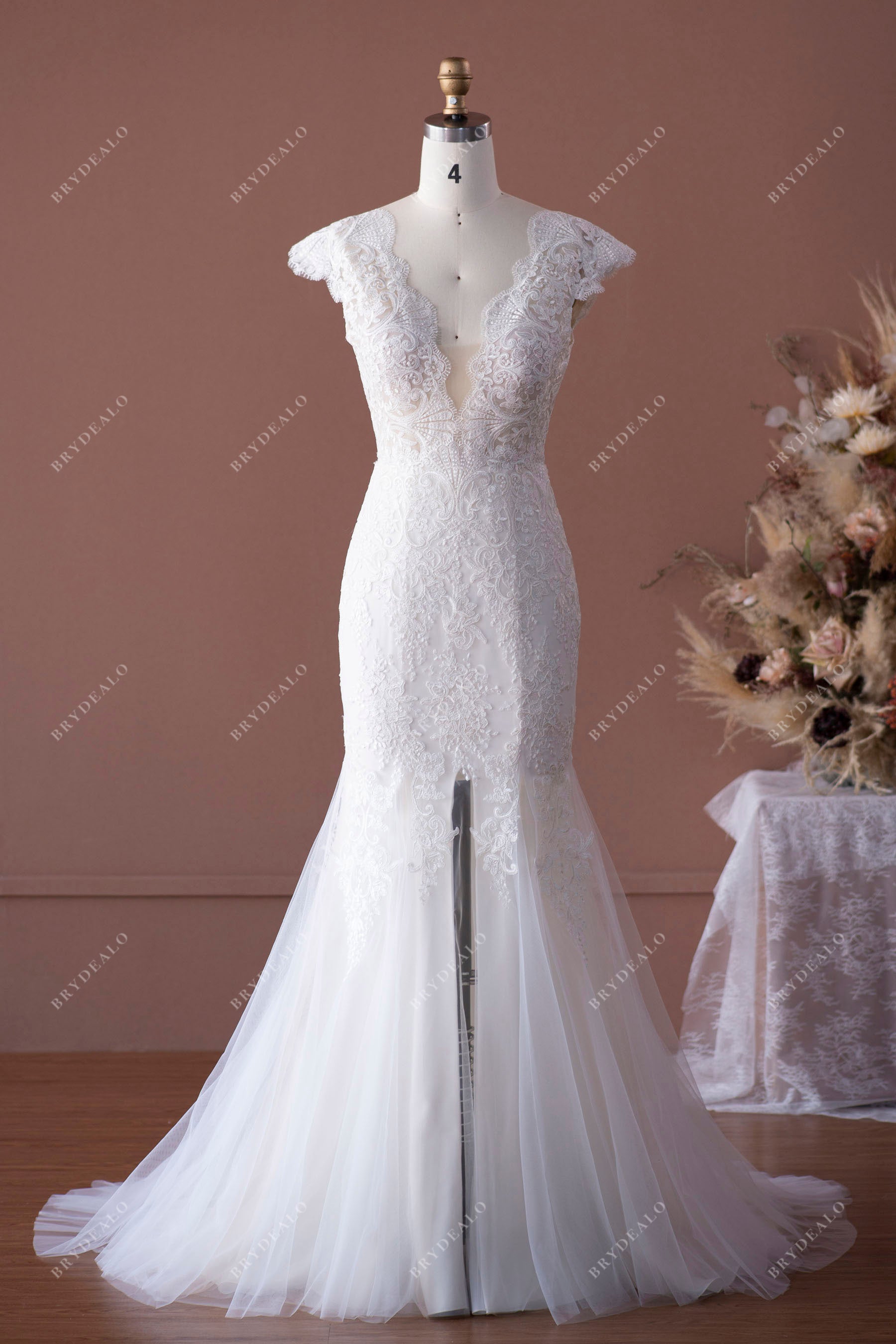 Cap Sleeve Scallop Lace Neck Fit Flare Wedding Dress with High Slit