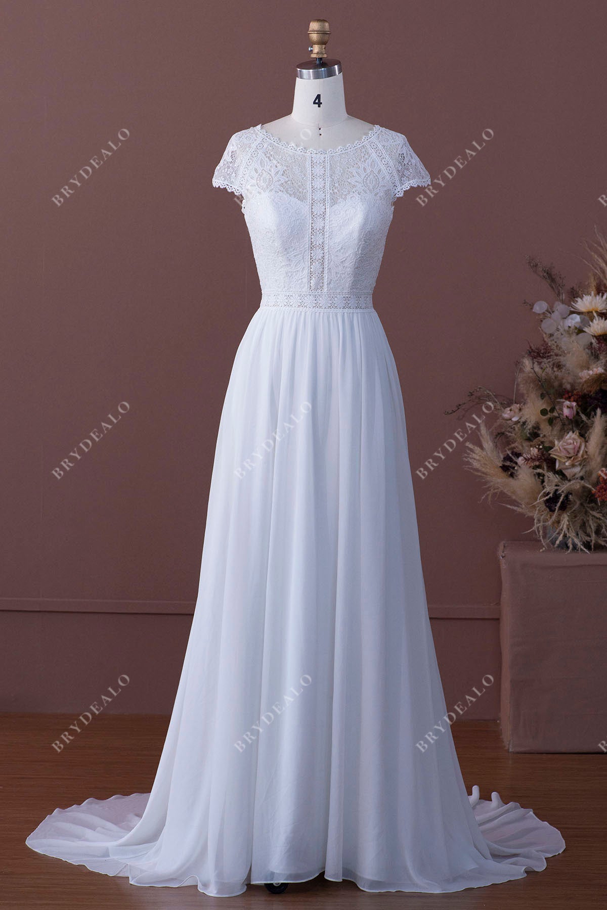 sheer cap sleeves lace chiffon A-line wedding gown