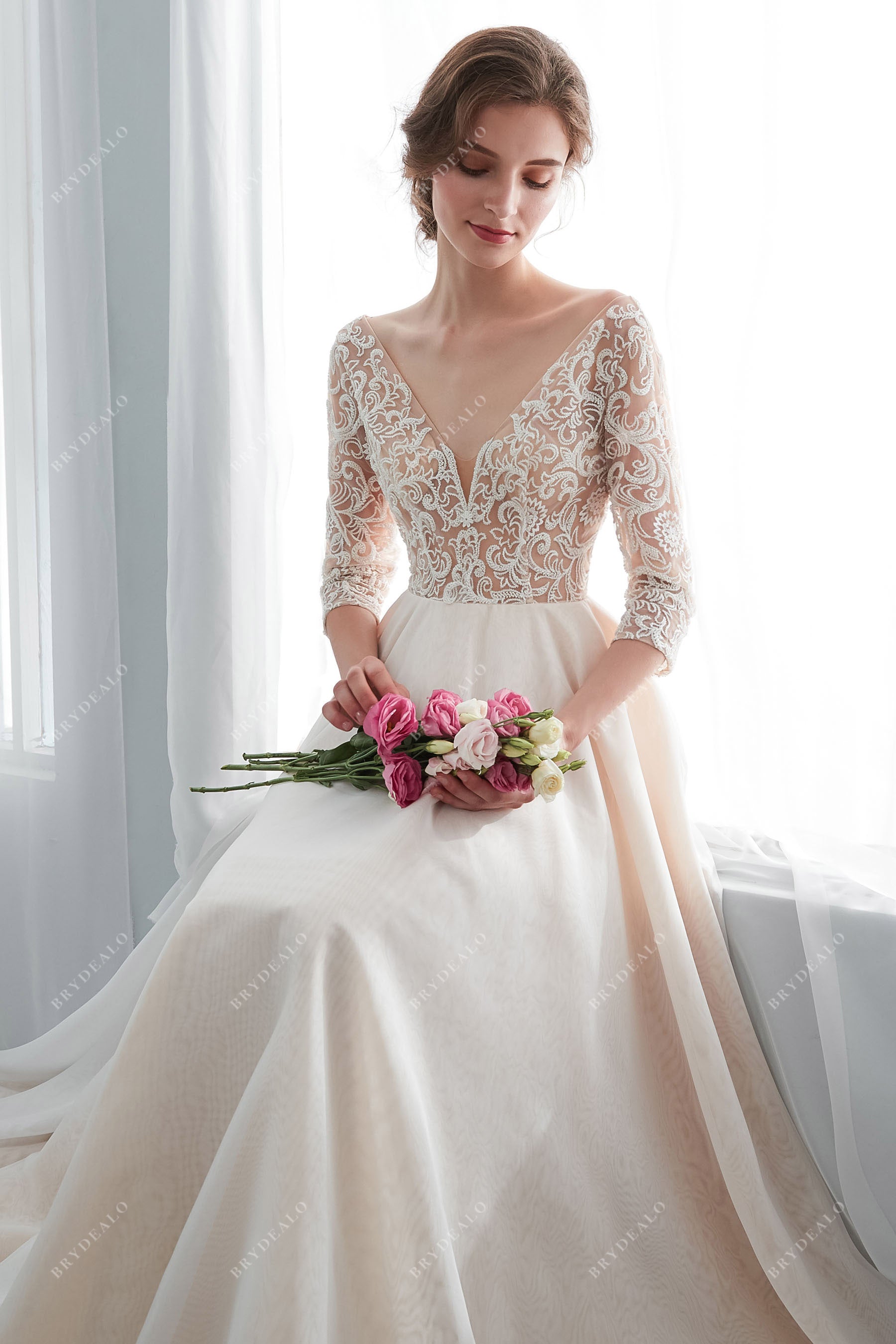 Champagne Illusion 3 4 Sleeve Lace Wedding Dress