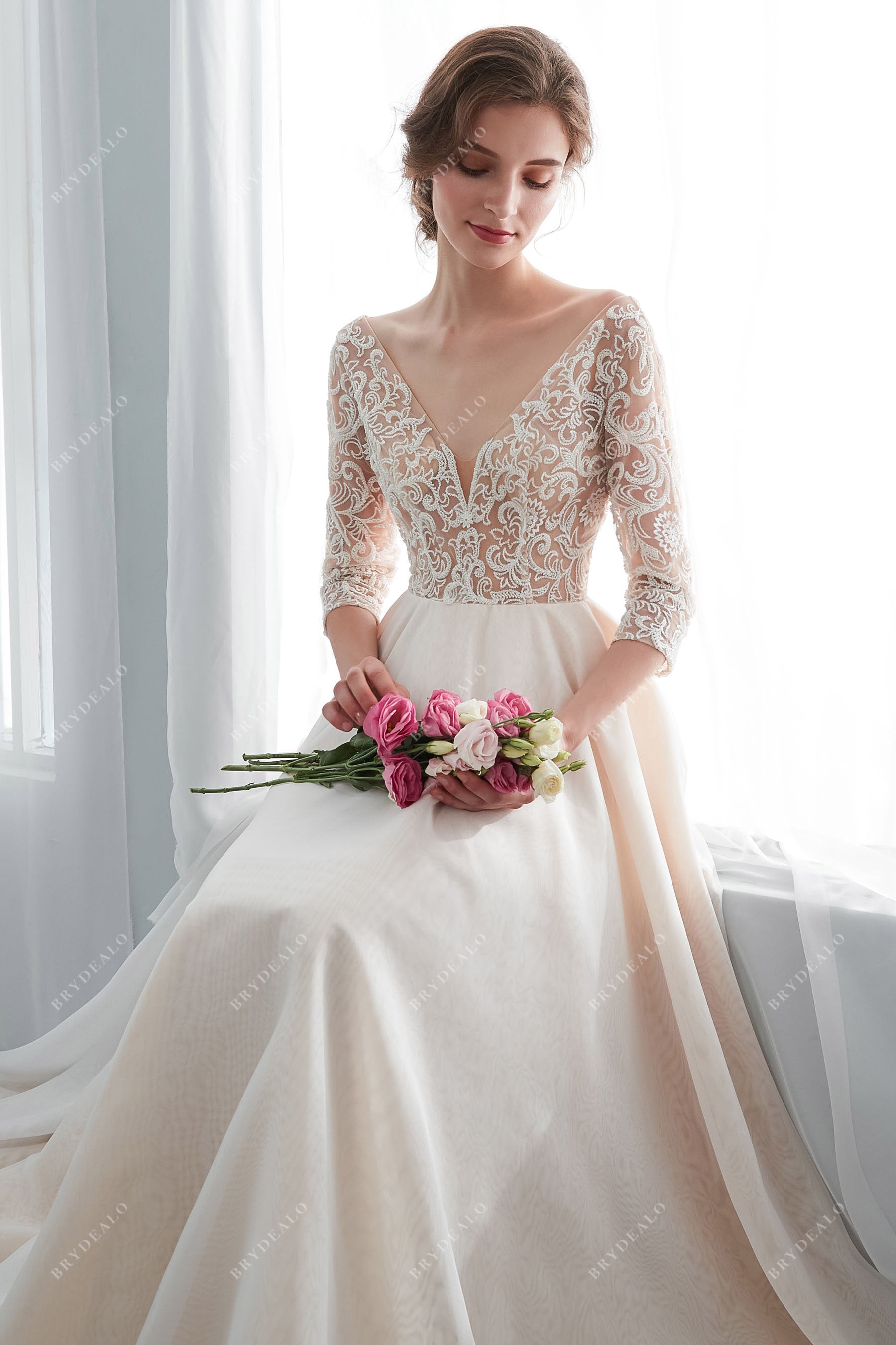 Best Champagne Illusion 3/4 Sleeve Lace Wedding Dress