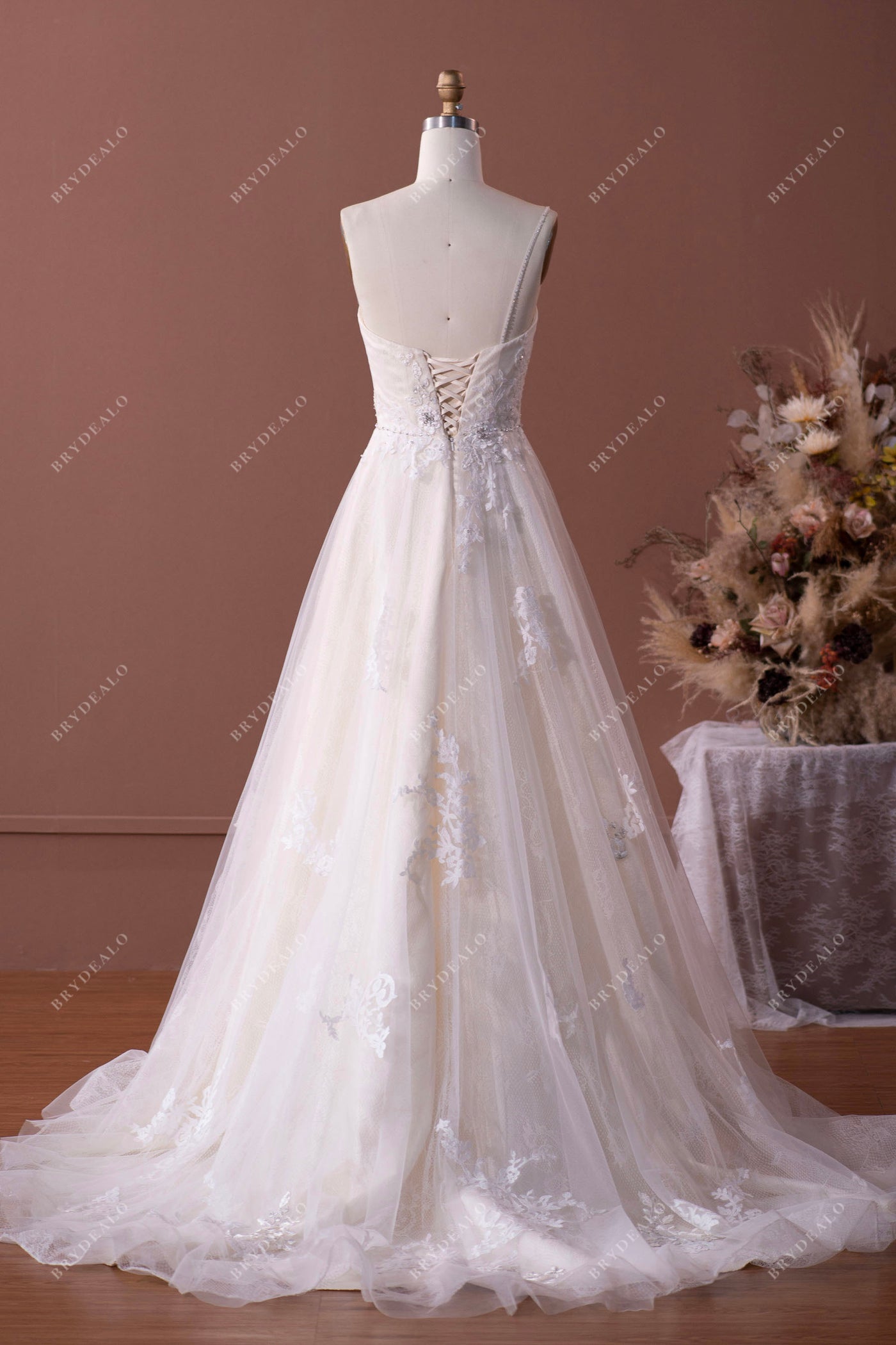 Unique Beaded One Shoulder Lace Tulle Long A-line Champagne Wedding Dress