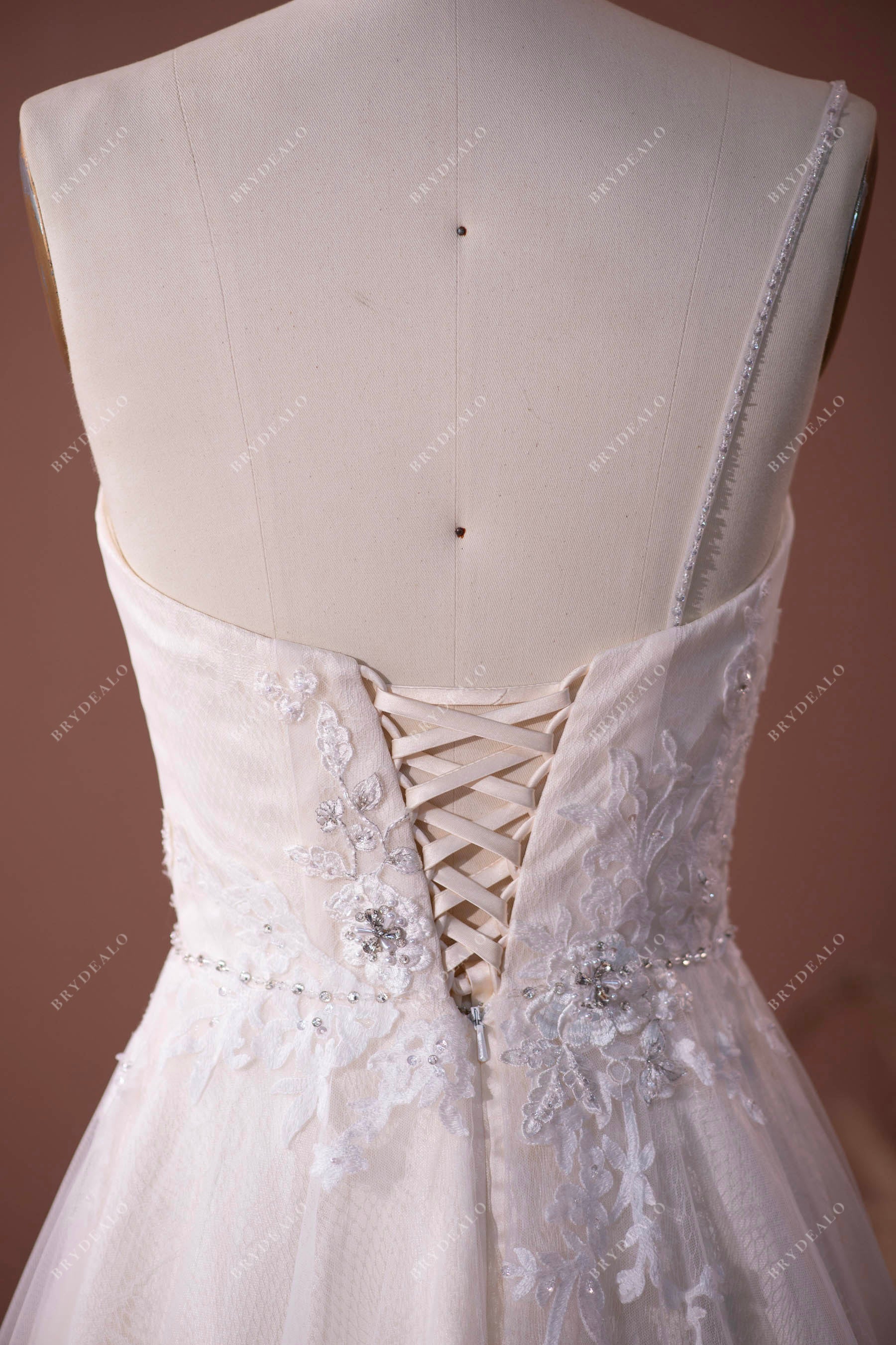 Beaded Lace Up Back Tulle Long Wedding Dress Sample Sale