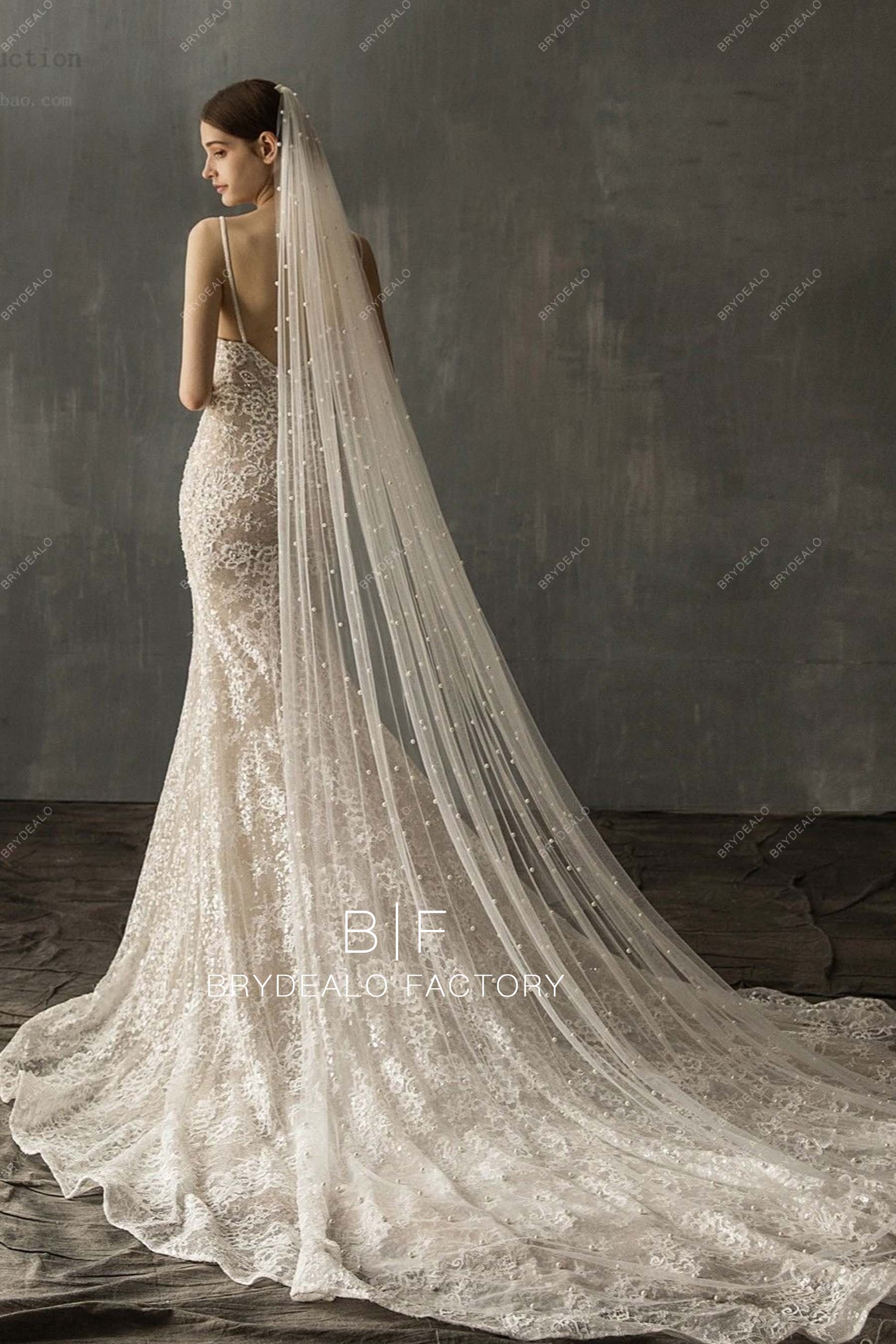 Chapel Length Bridal Veil Scattered Pearls Wedding Veil