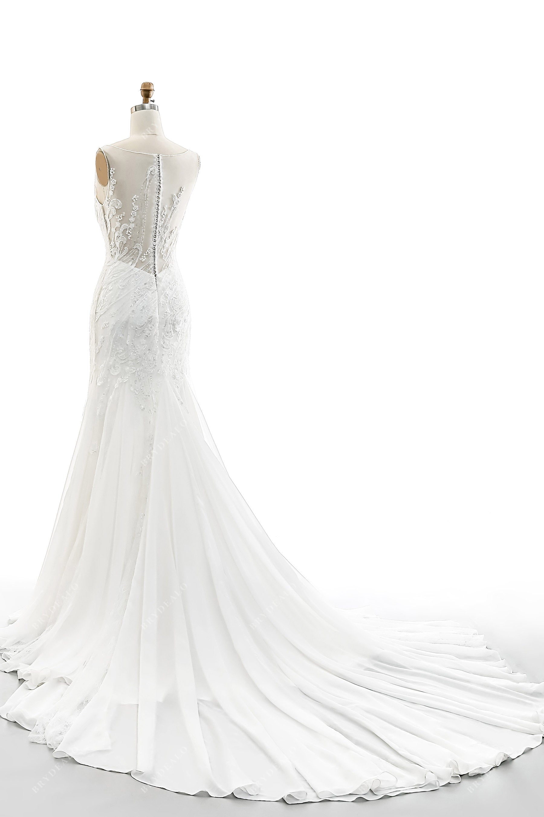 Chiffon Long Train Illusion Beaded Lace Back Bridal Gown