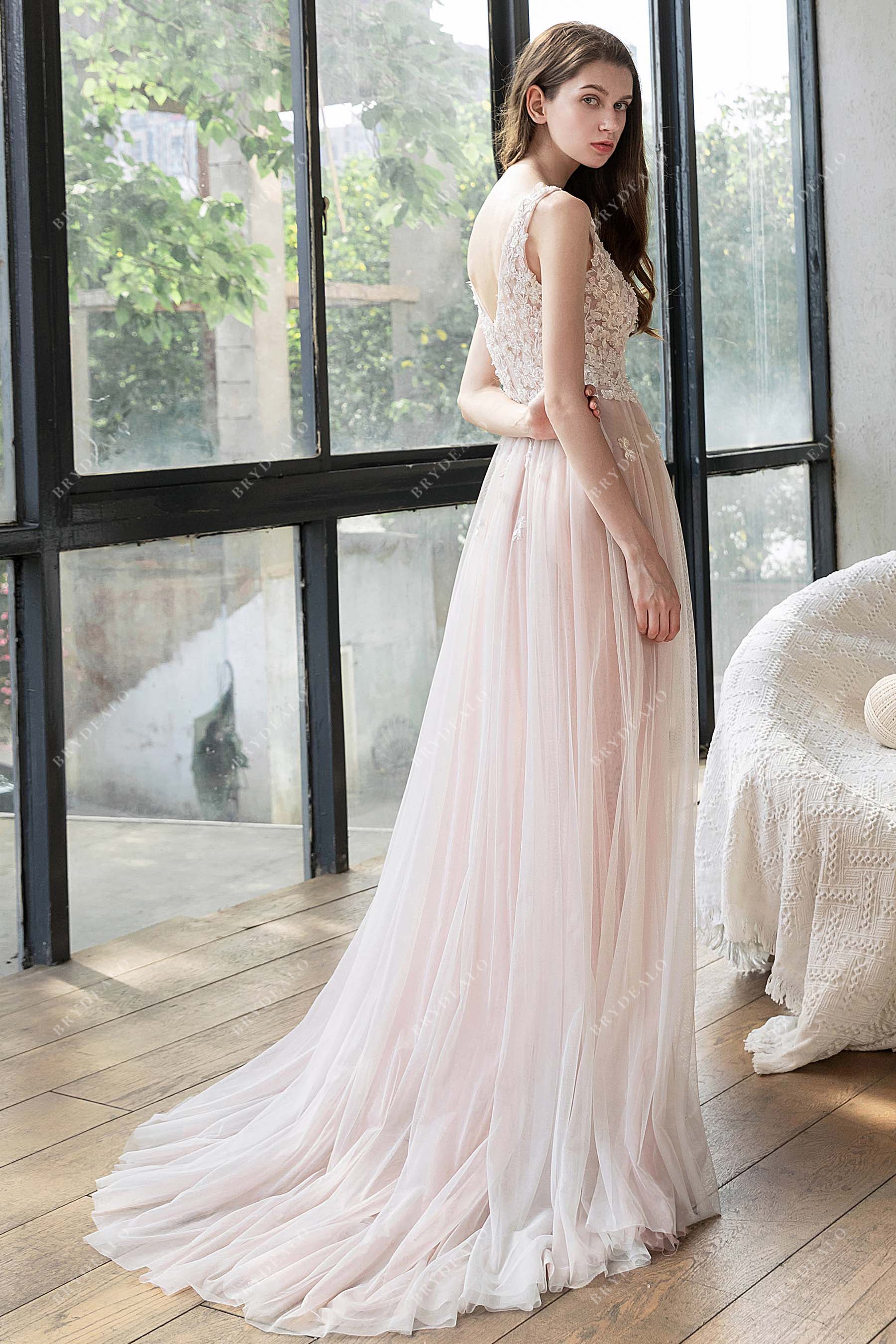 Court Train Soft Tulle A-line Beaded Lace Sleeveless Bridal Gown