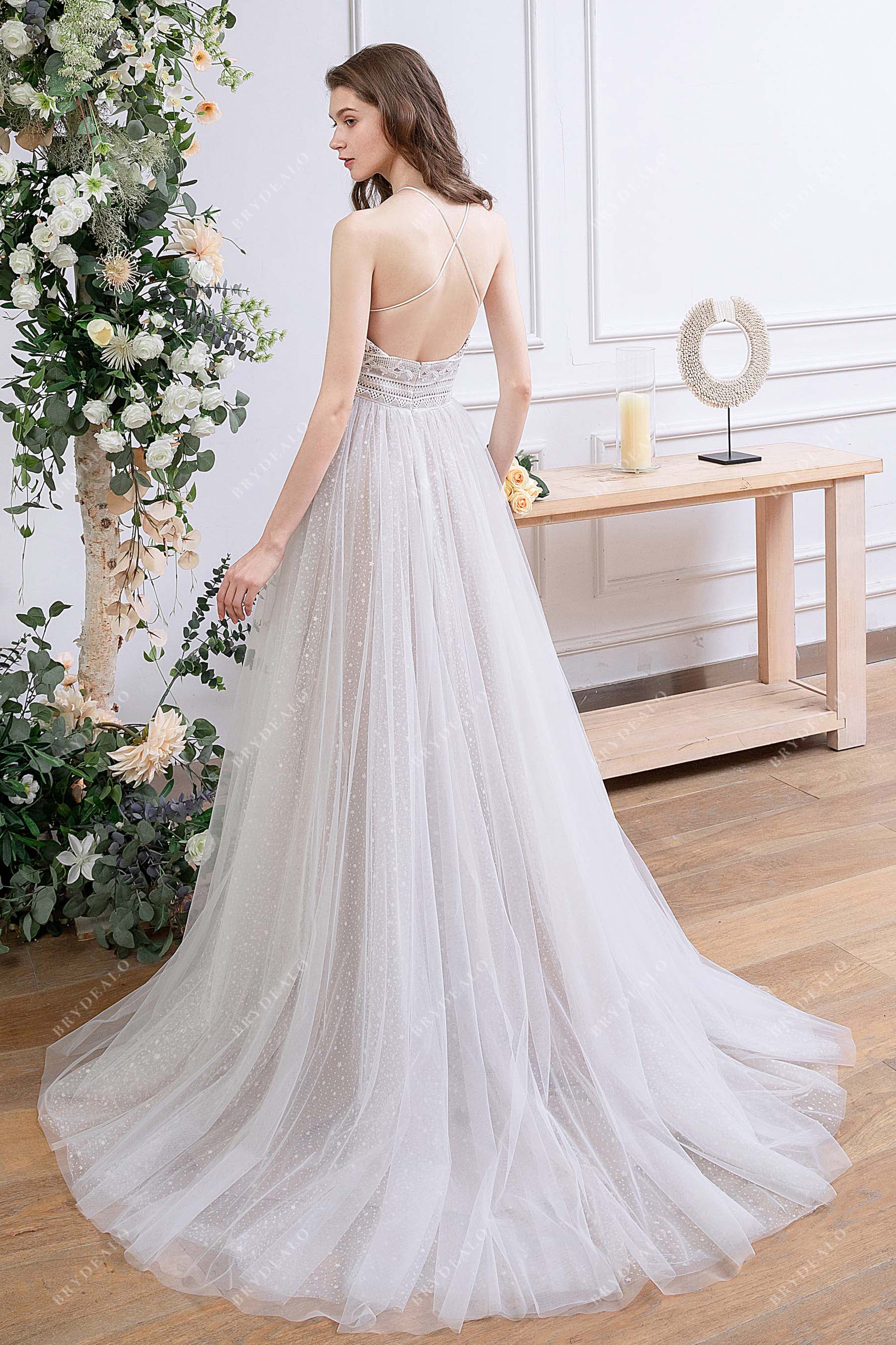 criss cross open back bohemian lace tulle wedding gown