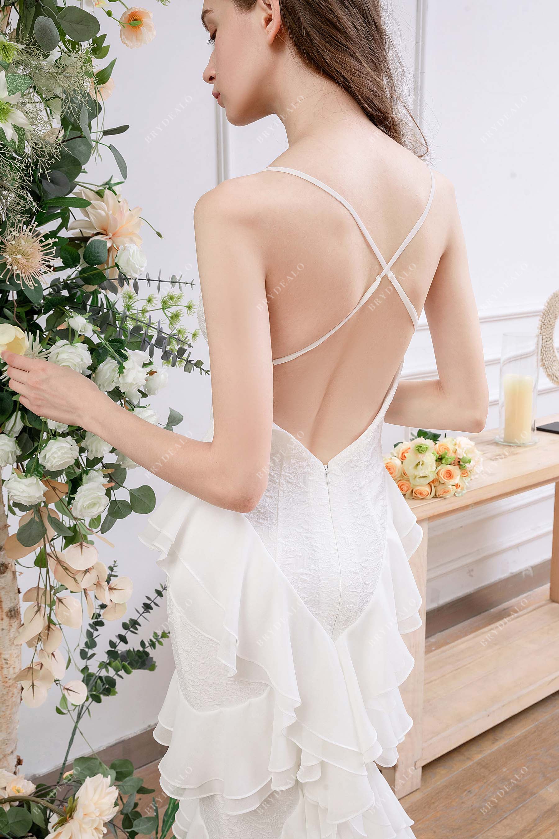 criss cross open back spaghetti straps lace bridal dress