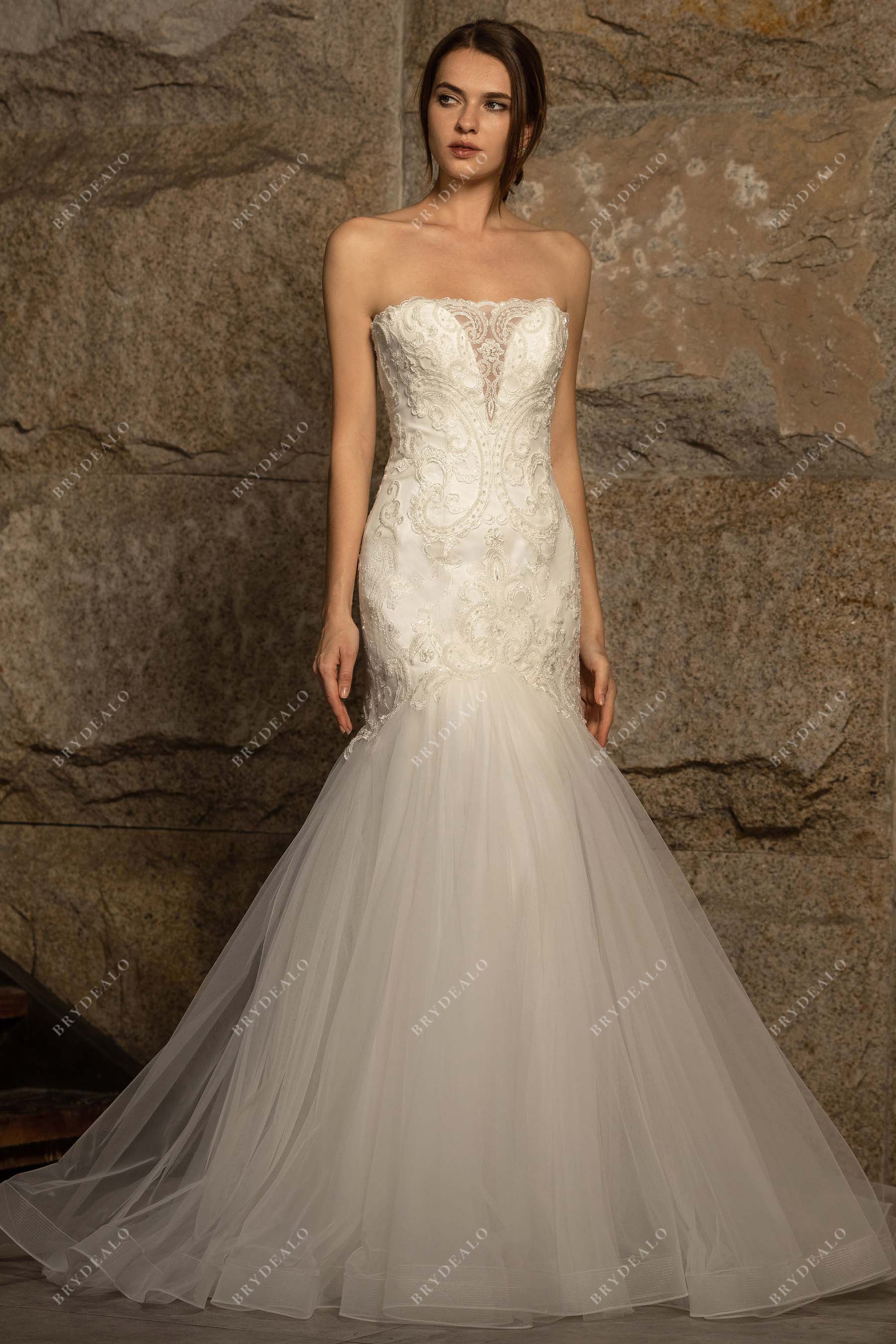 designer beaded lace tulle trumpet bridal dress with chapel train