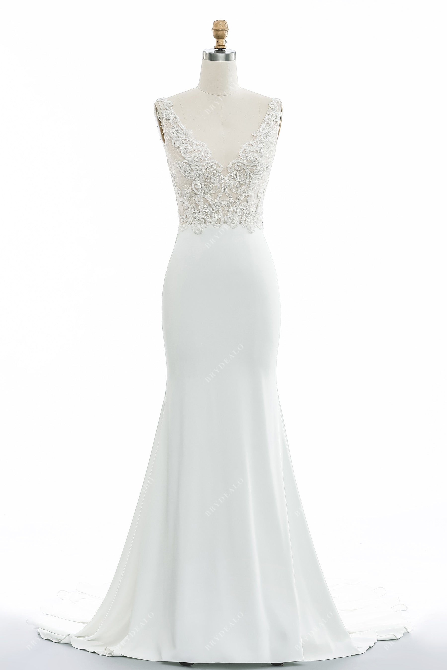 designer elegant beaded lace satin mermaid wedding gown with sweep train
