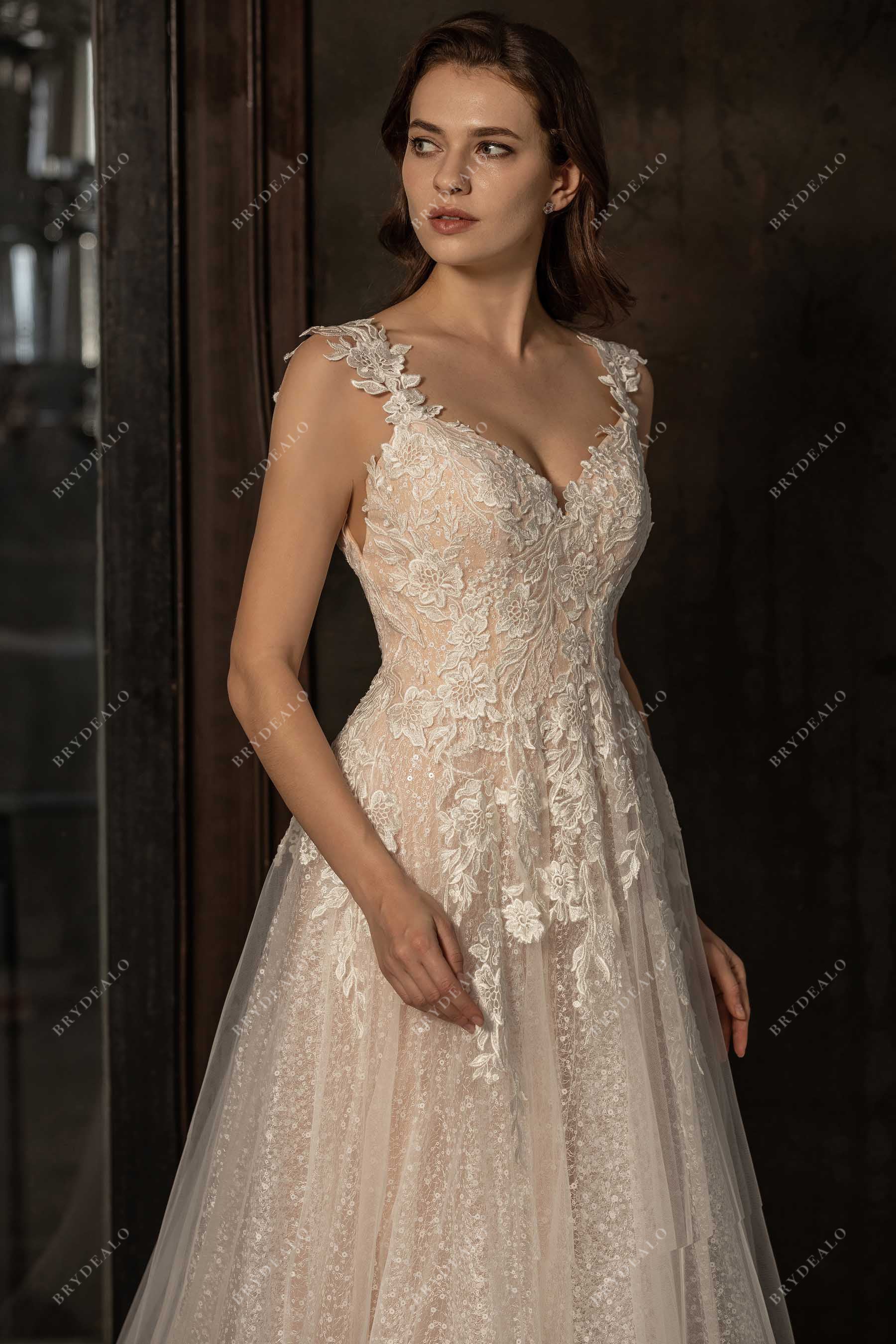 Designer Light Ivory Strap Lace Tulle A-line Wedding Dress with Court Train