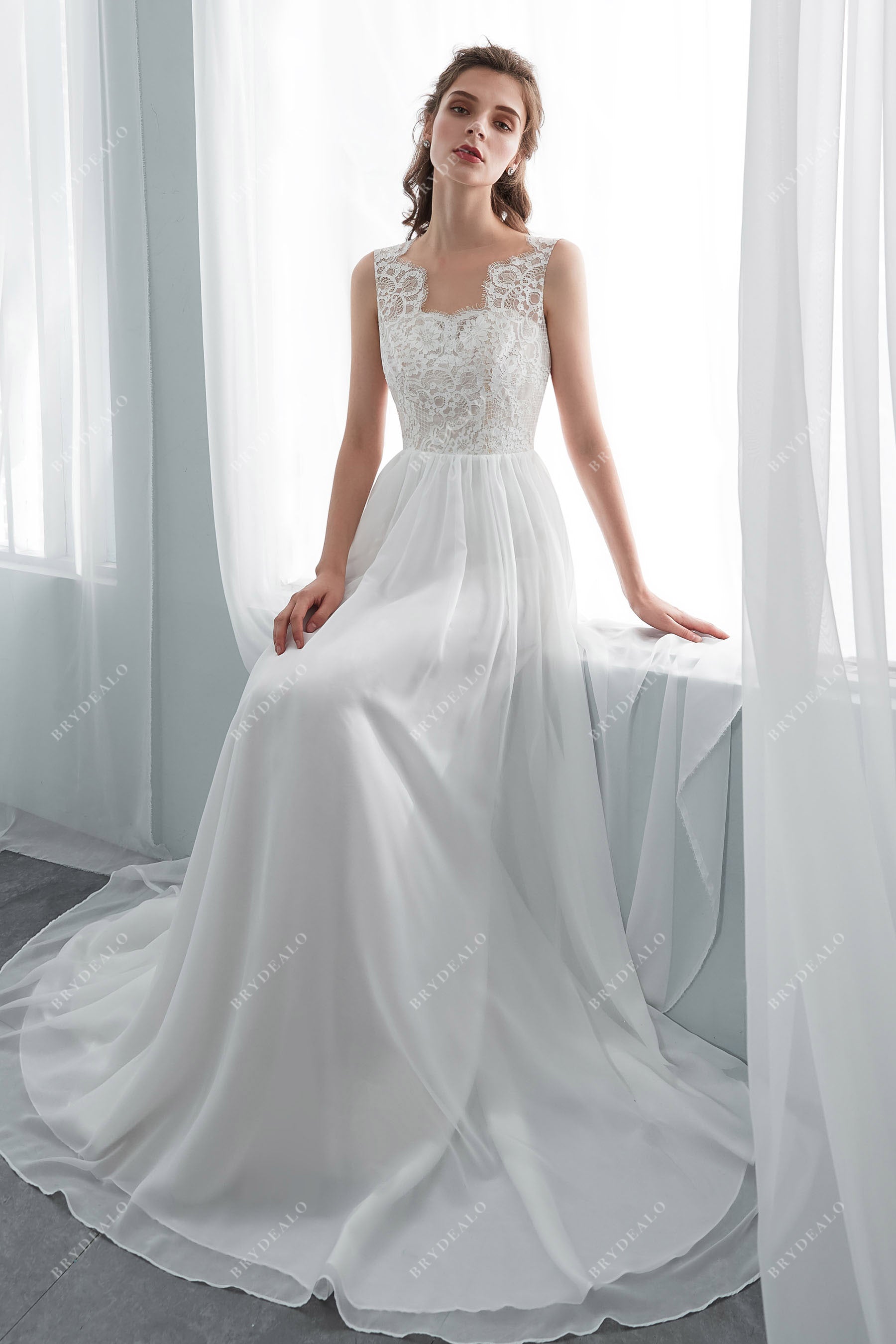 Simple Lace Chiffon Boho A-line Wedding Dress for Wholesale